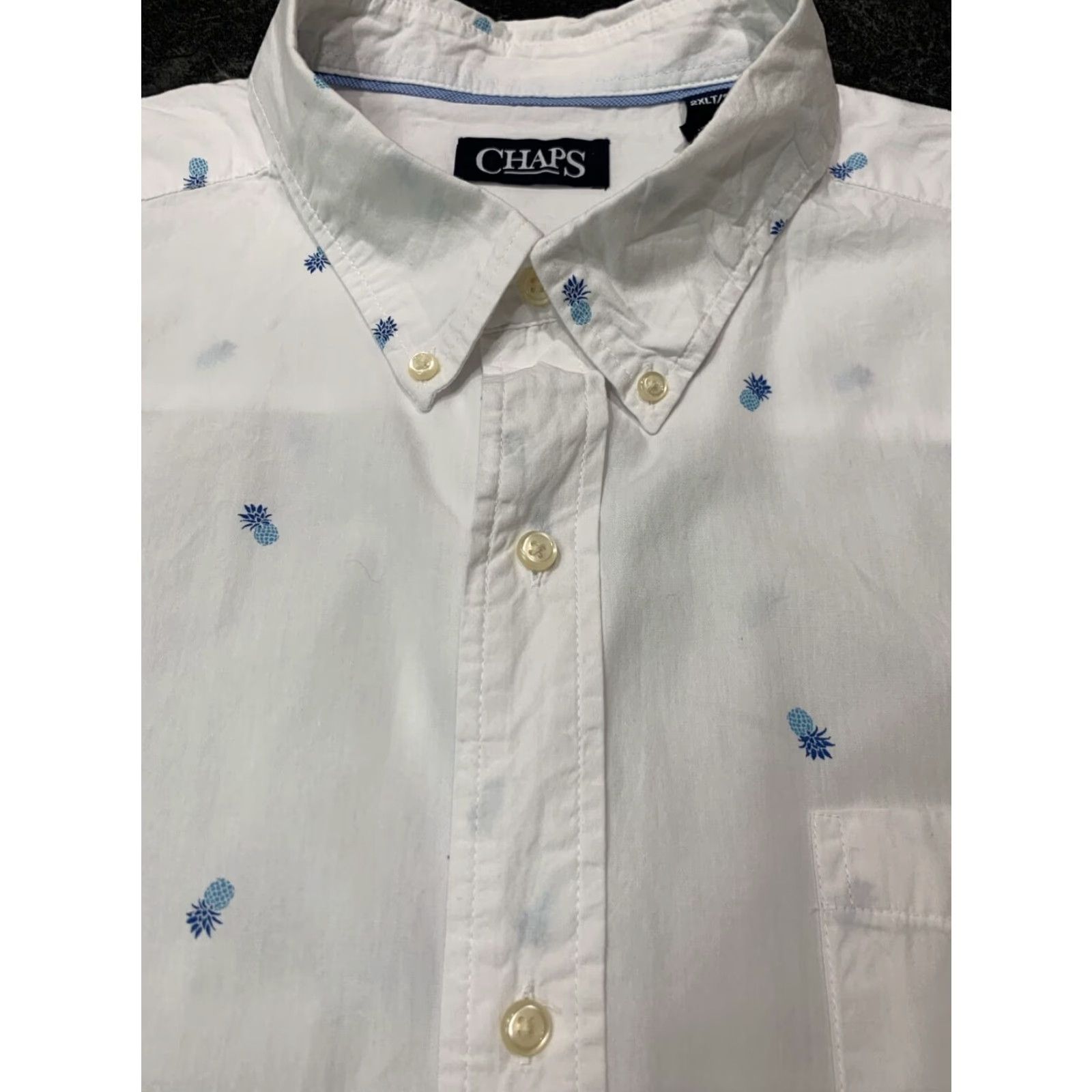 Chaps Chaps Button-Up Shirt Short Sleeve Cotton White with Blue Pineapple 2XLT Mens Size US 39 - 5 Thumbnail