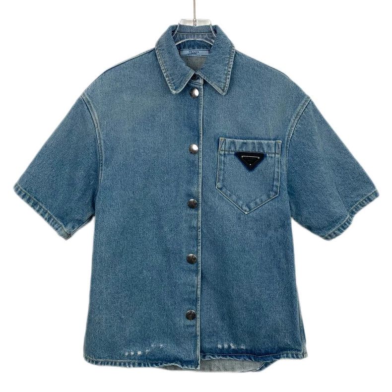 PradaSize 36 22 blue triangle cotton lapel short-sleeved sh
