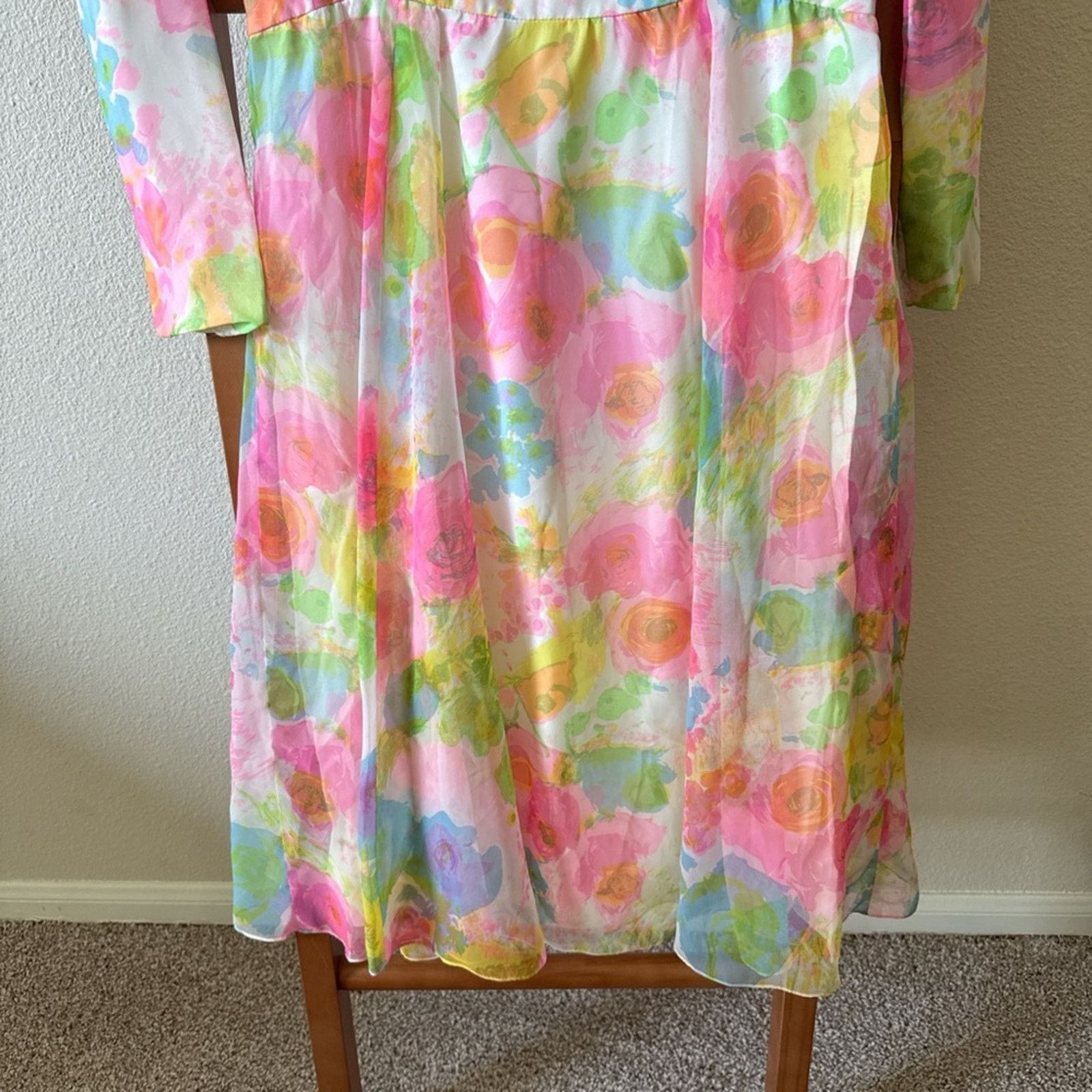 Other Vintage 1970 chiffon Posh Pastel Floral Long Sleeve Dress Size M / US 6-8 / IT 42-44 - 3 Thumbnail