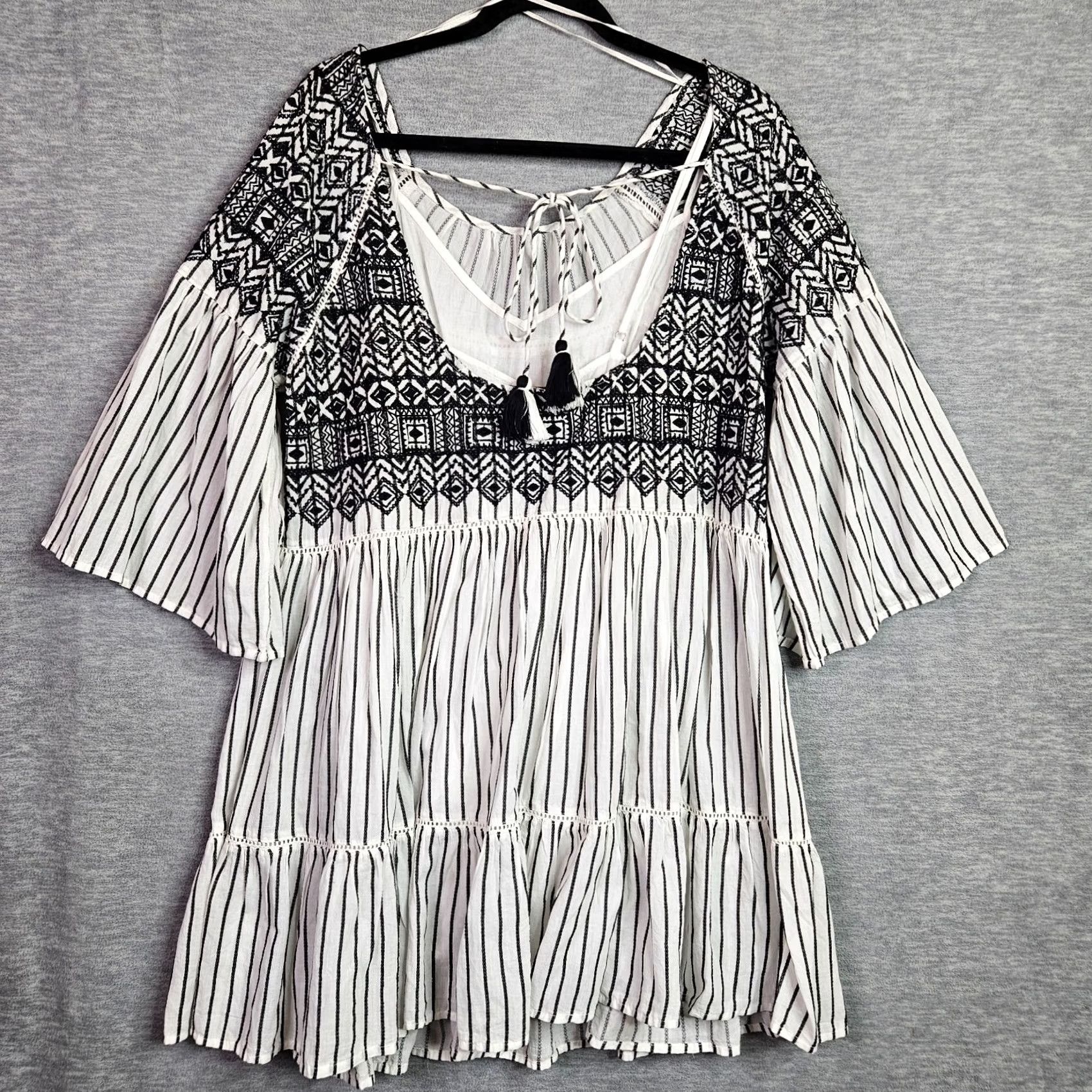 Free People Free People Lola Black White Stripes Boho Dress Sz S Embroidered Bell Sleeve NEW Size S / US 4 / IT 40 - 3 Thumbnail