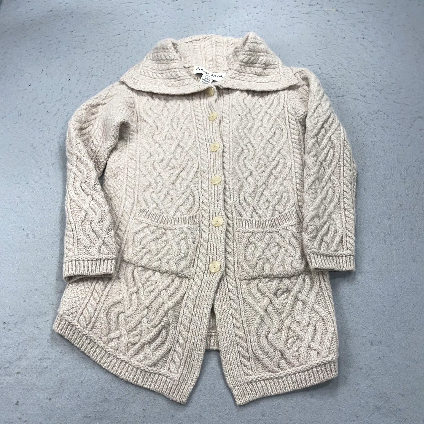 Vintage Aran Mor Sweater Cardigan Wool White Womens M Merino Cable Knit Front Pockets Ireland Winter Medium Size M / US 6-8 / IT 42-44 - 2 Thumbnail