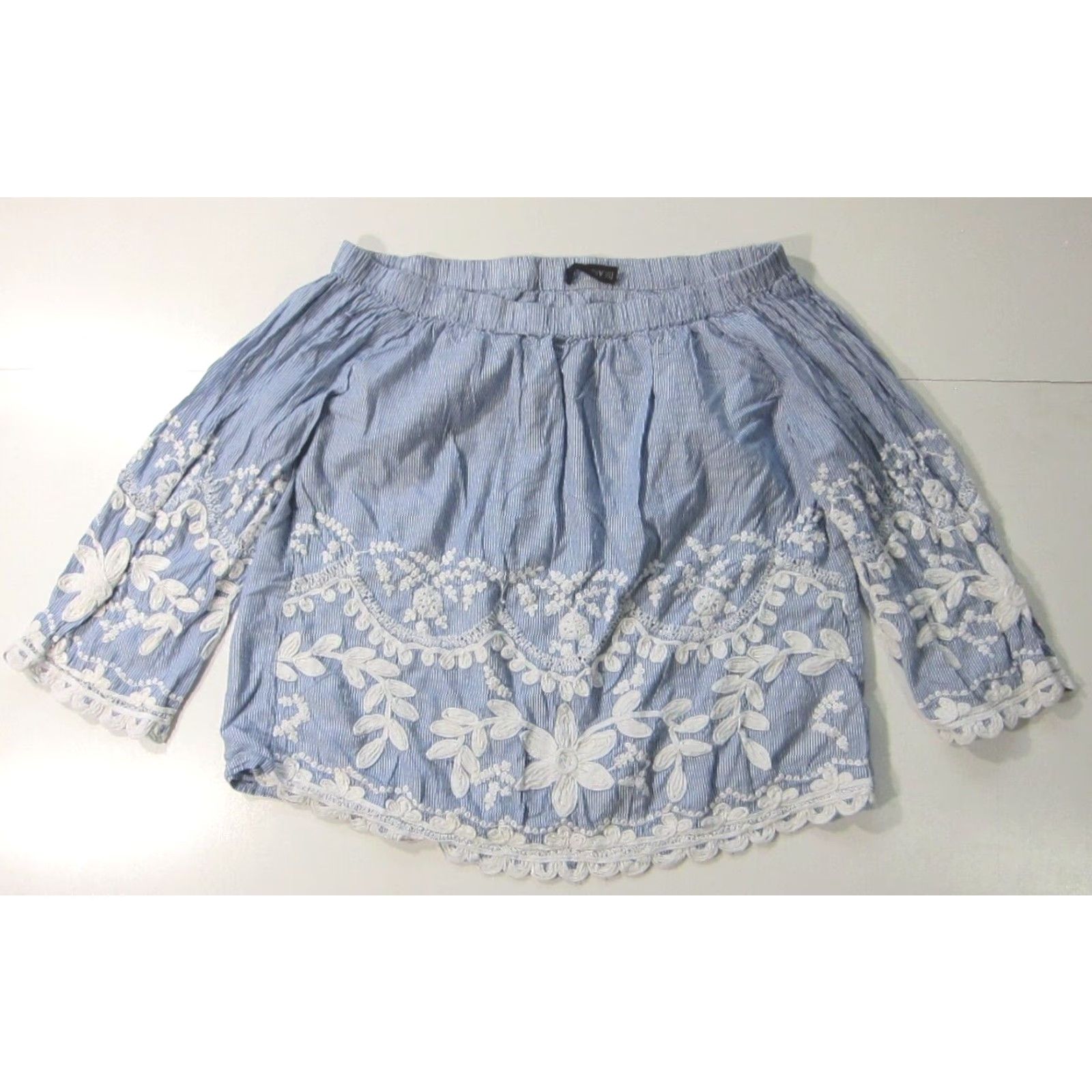 Vintage Blank NYC Blouse XL Cotton Blue White Stripe Embroidered Floral Off Shoulder Women Size XL / US 12-14 / IT 48-50 - 6 Thumbnail