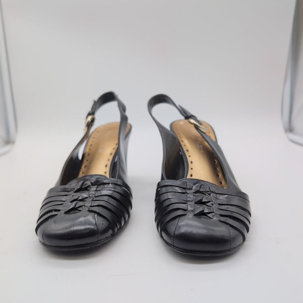 Bcbgmaxazria BCBG Girls Sz 7 Elegant Black Leather Wedge Sandals Slingba Size US 7 / IT 37 - 2 Thumbnail