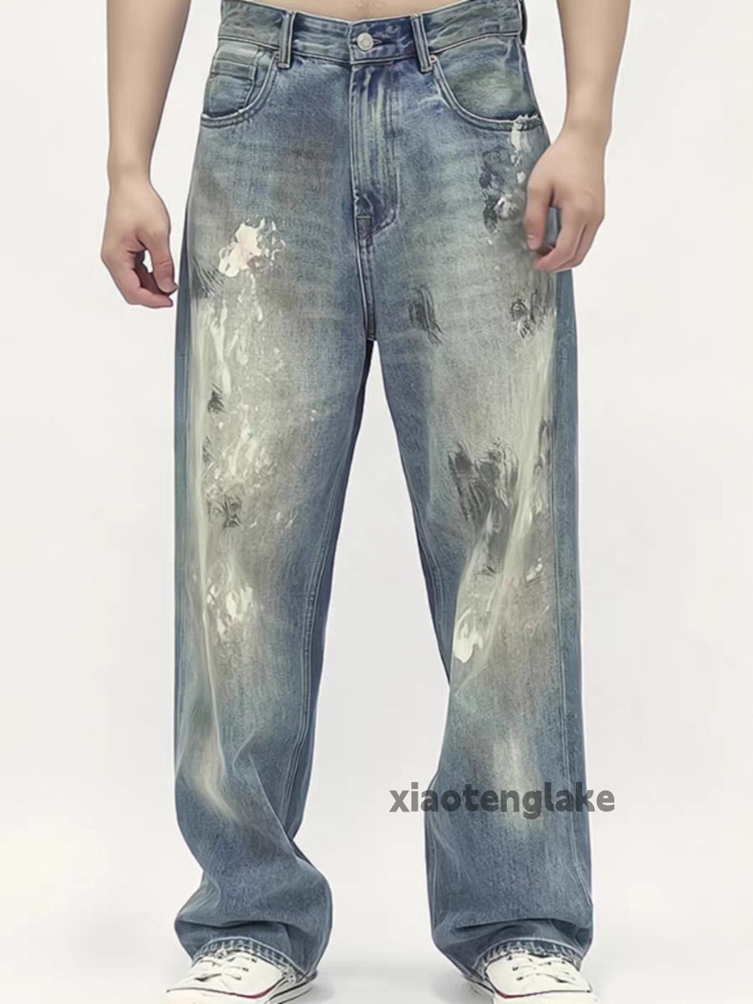 Jean Unisex washed faded stain paint grunge baggy jeans Size US 34 / EU 50 - 1 Thumbnail