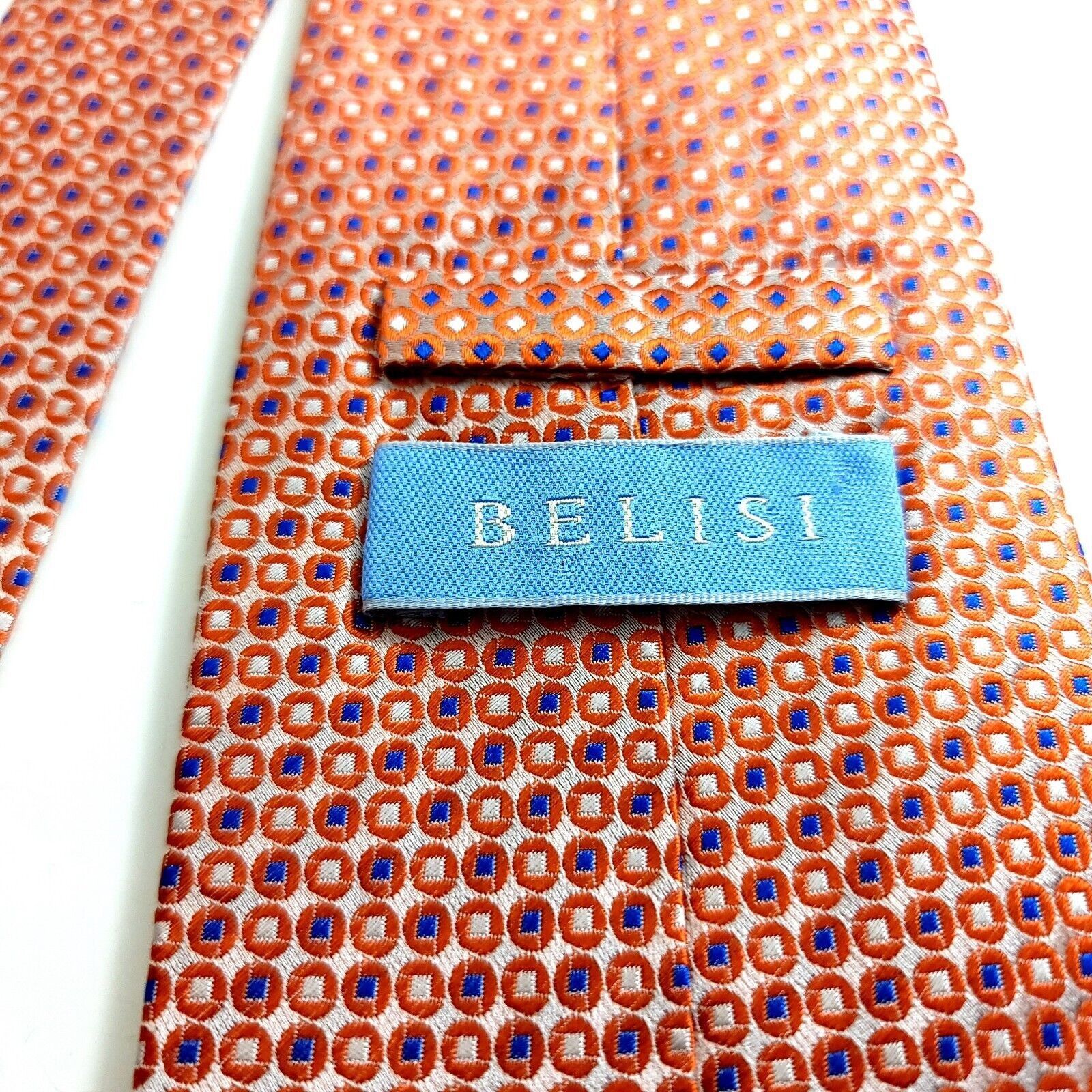 Designer Belisi Woven Orange Blue Geometric Wide Silk Tie Size ONE SIZE - 3 Thumbnail