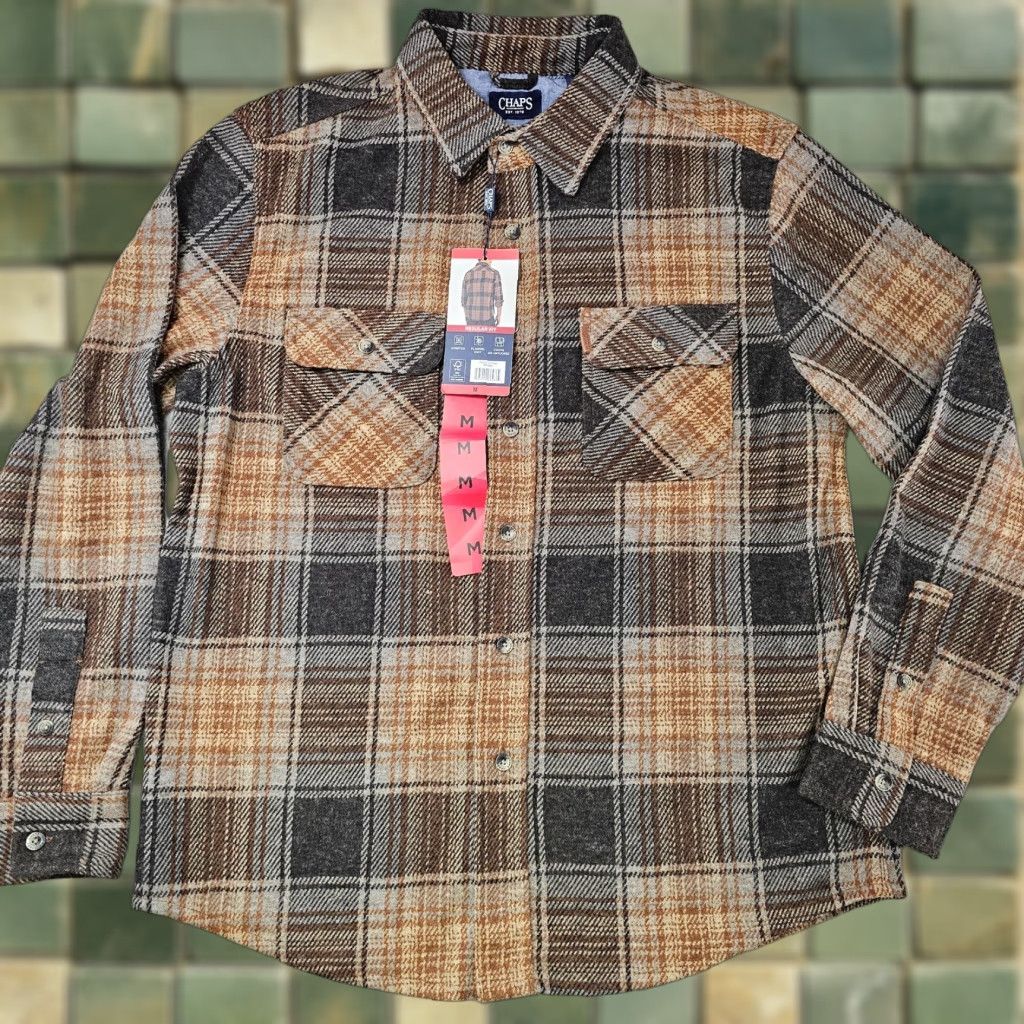 Chaps Chaps Shirt Mens M Brown Plaid Knit Flannel Stretch Long Sleeve Button Up Size US M / EU 48-50 / 2 - 1 Thumbnail