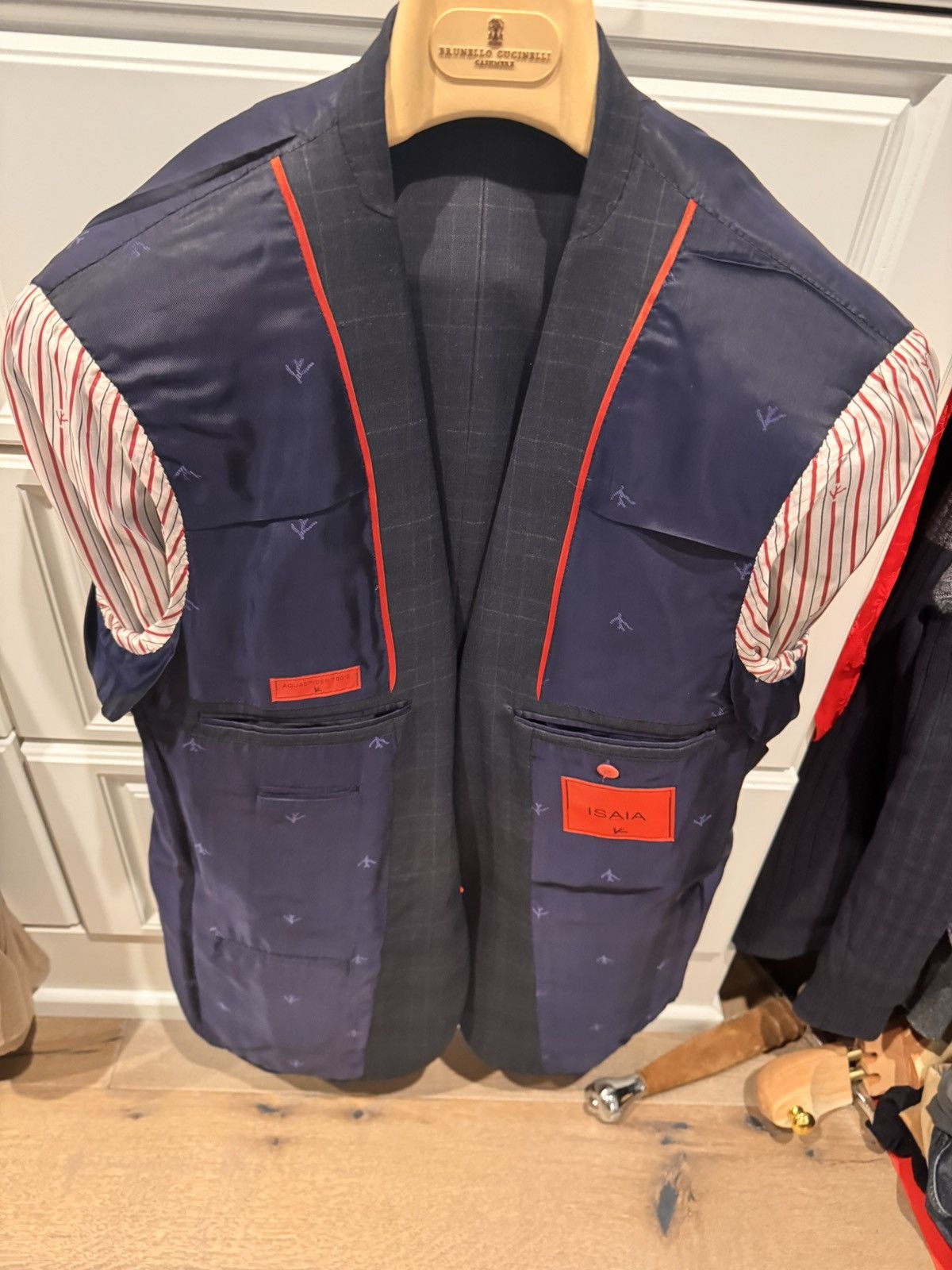Isaia Isaia BNWT Navy Windowpane Slim Fit Aquaspider Blazer Size 40R - 2 Thumbnail