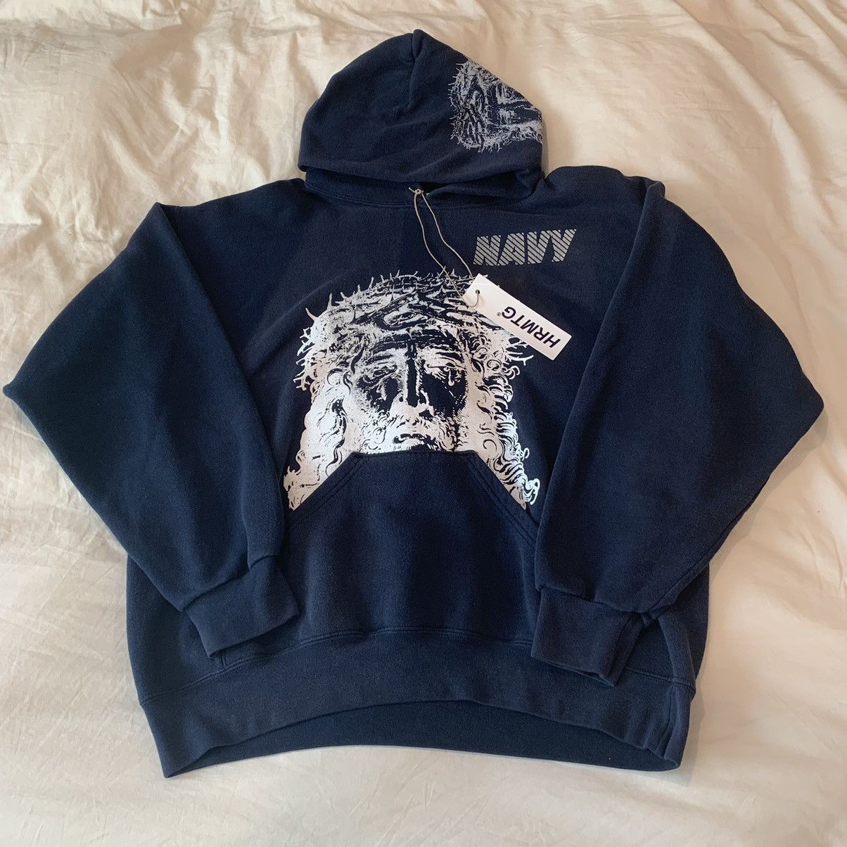 image of Hrmtg X Jack B Wiese Gesù Navy Hoodie Sweatshirt, Men's (Size Large)