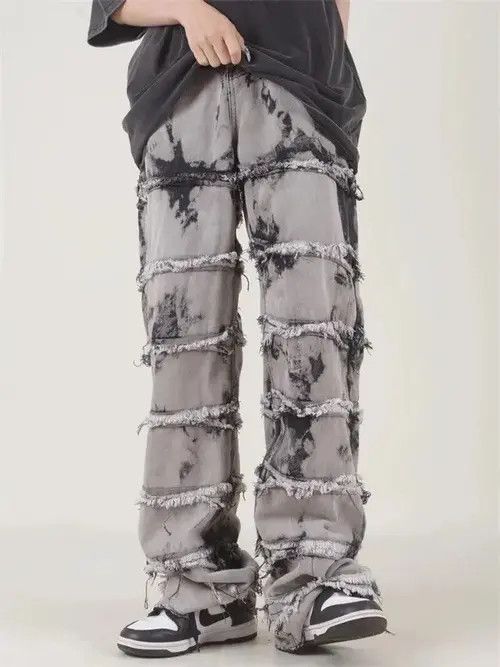 Japanese Brand Striped Tassel Frayed Straight Baggy Jeans Size US 32 / EU 48 - 1 Thumbnail