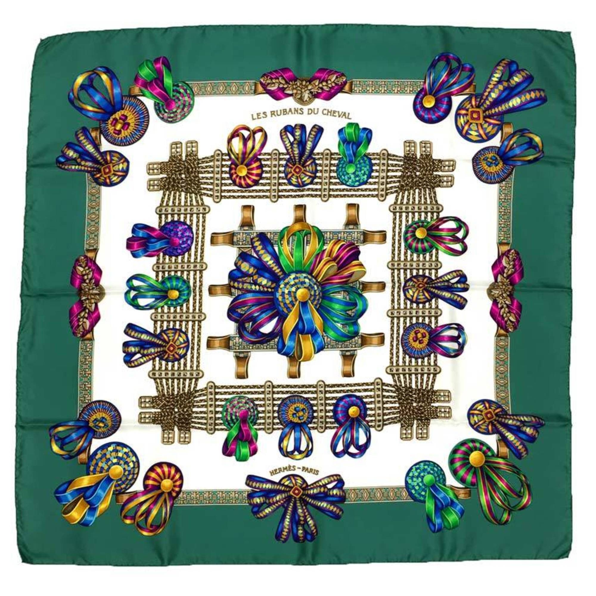 image of Hermes Carre 90 Scarf Muffler Les Rubans Du Cheval Horse Ribbon White X Green 100% Silk Ladies Herm