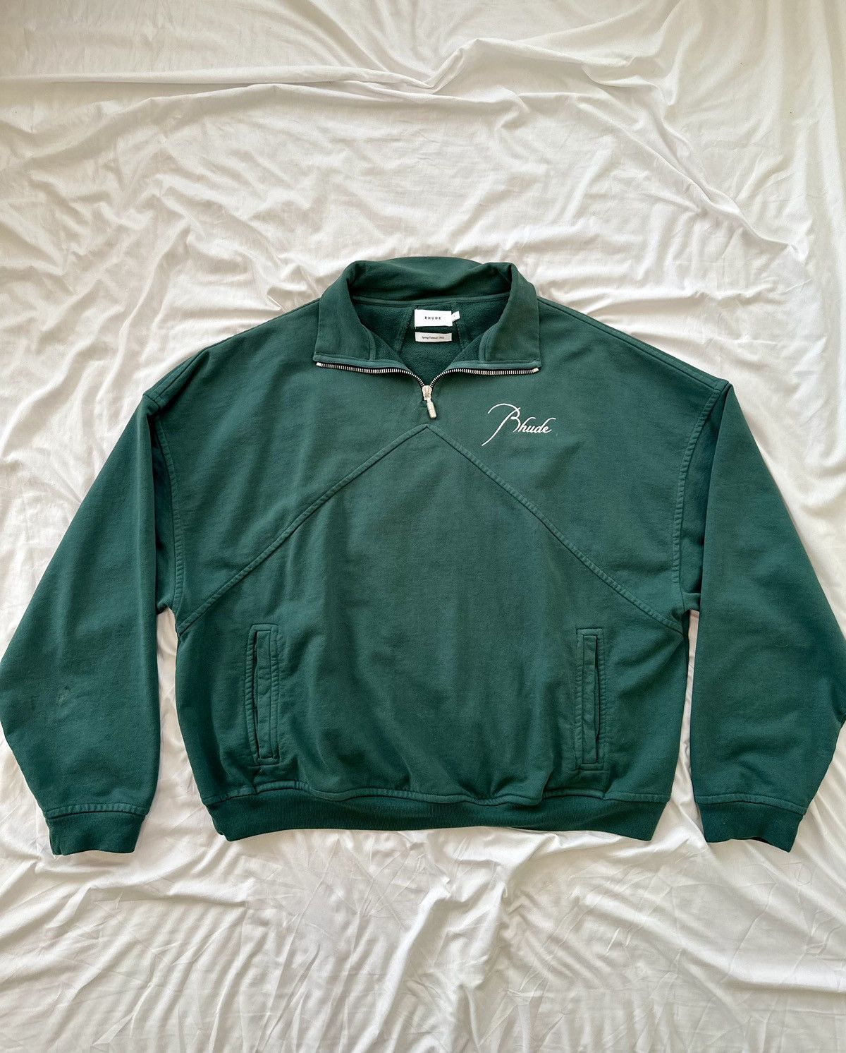 image of Rhude Quarter Zip Logo Men’S Terry Sweatshirt in Green, Men's (Size Large)
