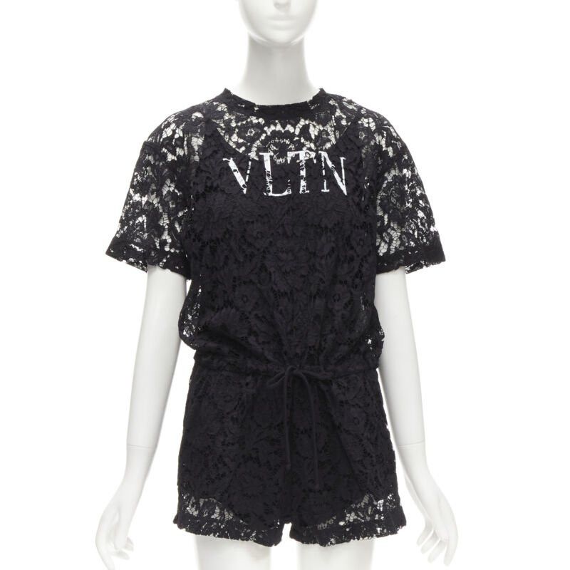 Valentino VALENTINO VLTN logo black lace white full floral lace playsuit romper XS Size 27" / US 4 / IT 40 - 1 Thumbnail