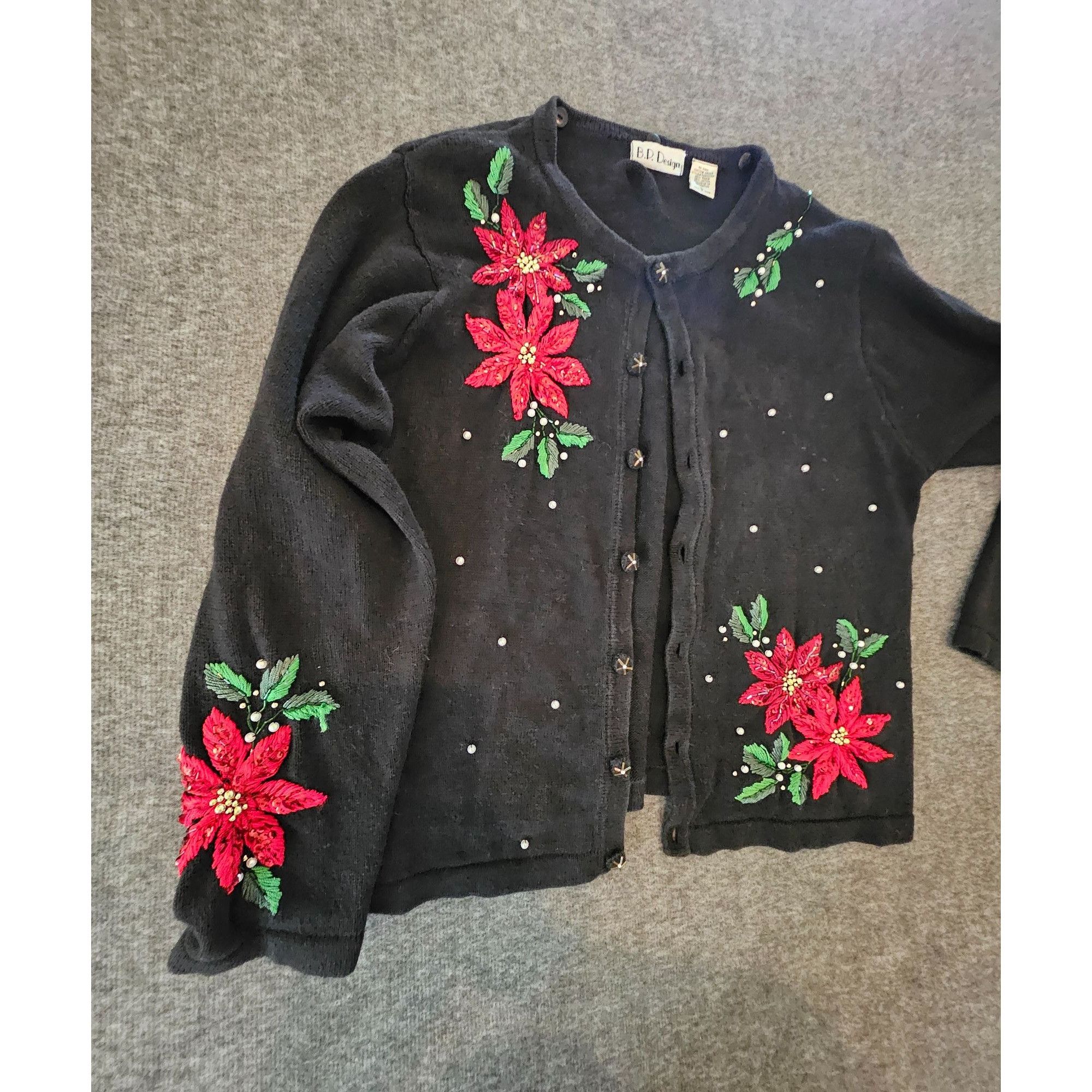 Other Vintage 90s B.D. Design Womens Black Cardigan With Red Poins Size L / US 10 / IT 46 - 2 Thumbnail