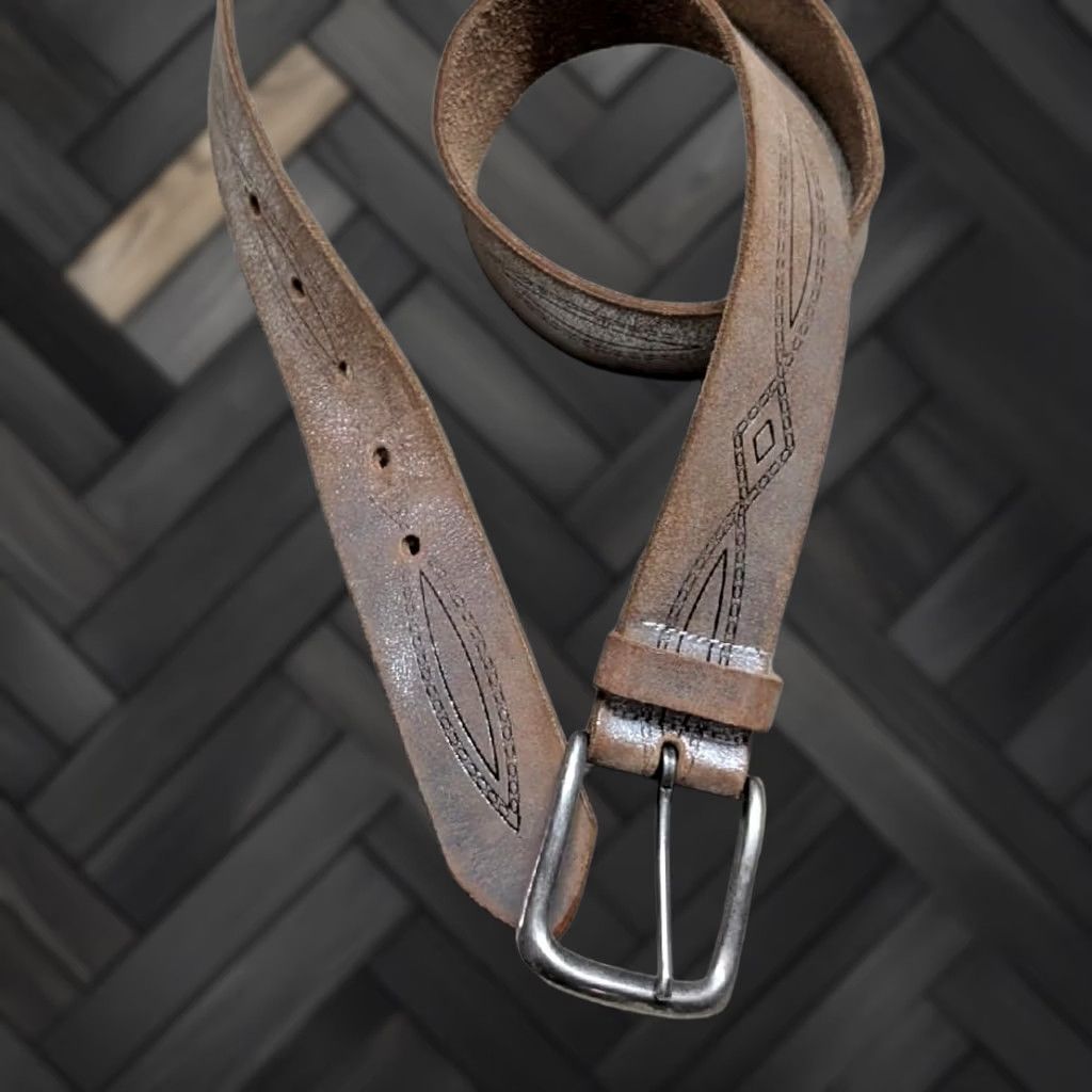 Vintage VINTAGE Arizona Western Belt Belt 32 Brown Southwestern Cowhide Leather Unisex Adults Y2K Cowboy 1990s Geometric Full Grain Leather Belt Size 32 - 1 Thumbnail