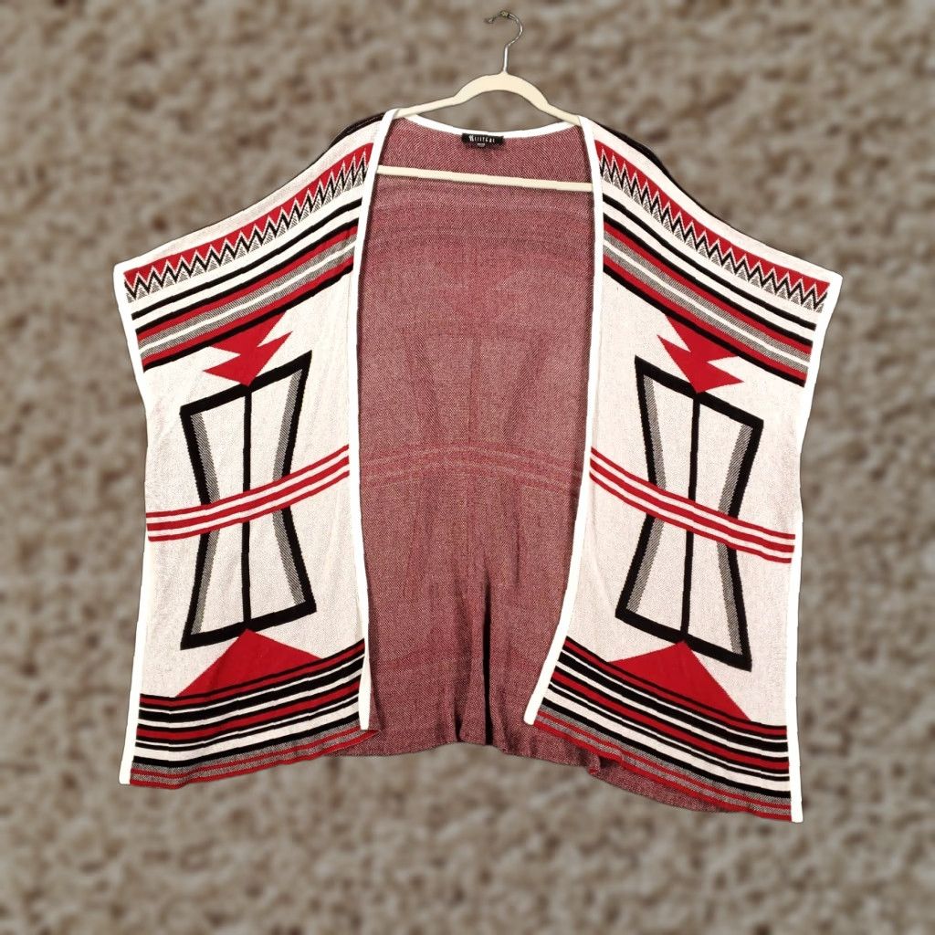Vintage VINTAGE Southwest Cardigan One Size Red White Black Geometric Southwestern Open Front Size ONE SIZE - 1 Thumbnail