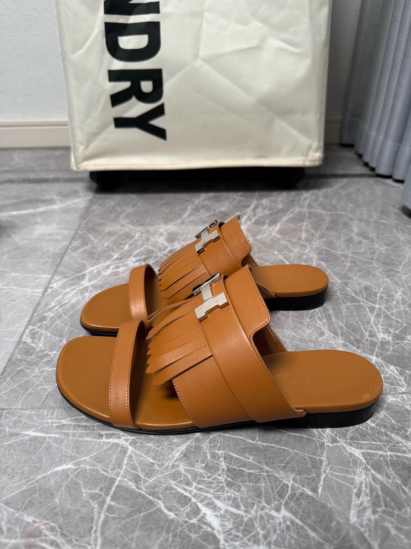 Hermes Hermes Brown Full Leather H Buckle Tassel Slides K6 Size US 7 / IT 37 - 1 Thumbnail