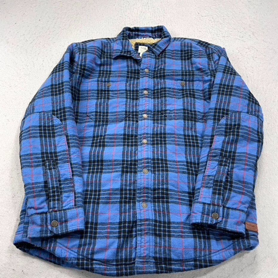 Vintage L.L. Bean Shirt Mens M Blue Plaid Flannel Shacket Heavy Sherpa Lined Vintage? No Size US M / EU 48-50 / 2 - 2 Thumbnail