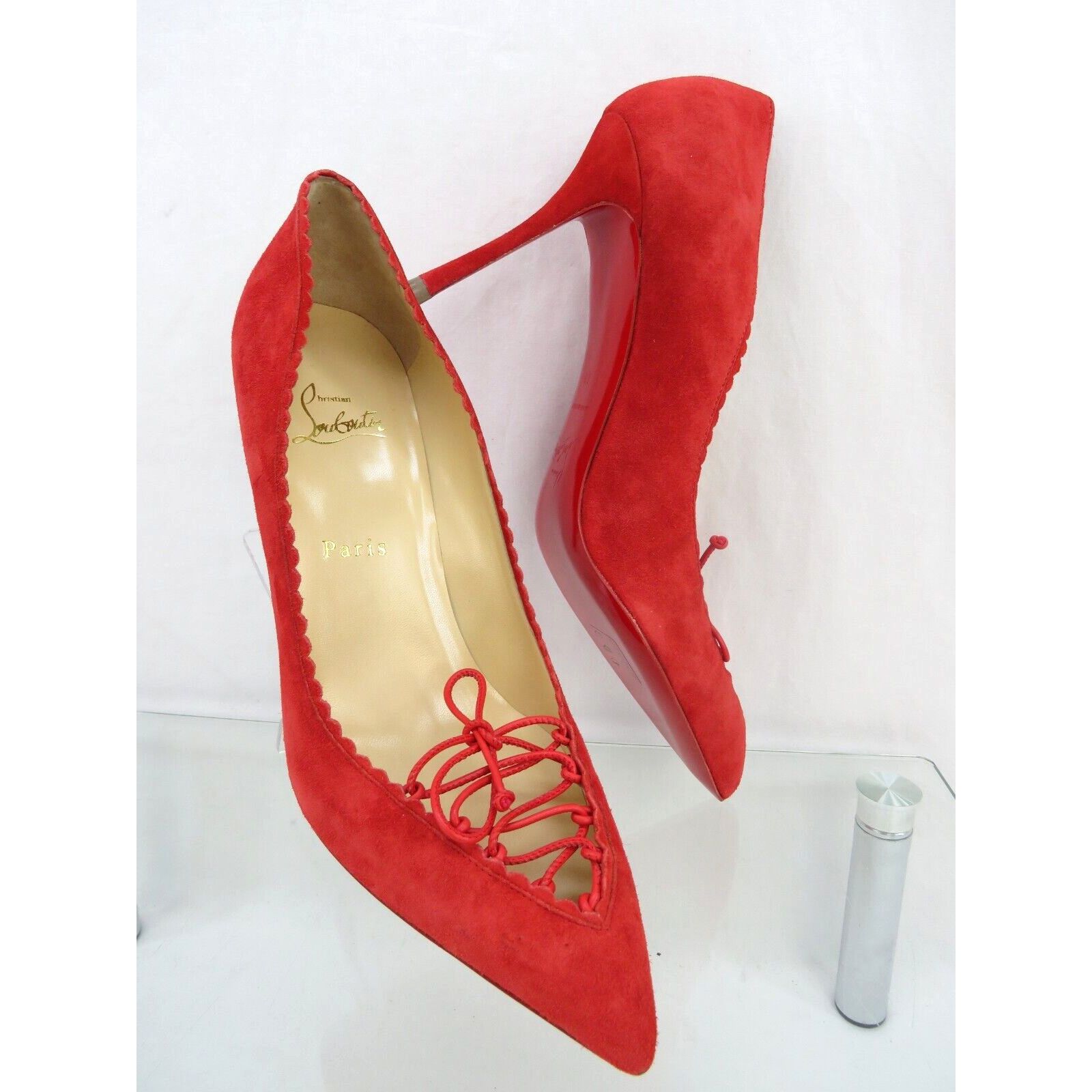Christian Louboutin SCALOPUMP 85 RED SUEDE LEATHER LACE TIE POINTED TOE PUMPS 40 Size US 10 / IT 40 - 7 Thumbnail
