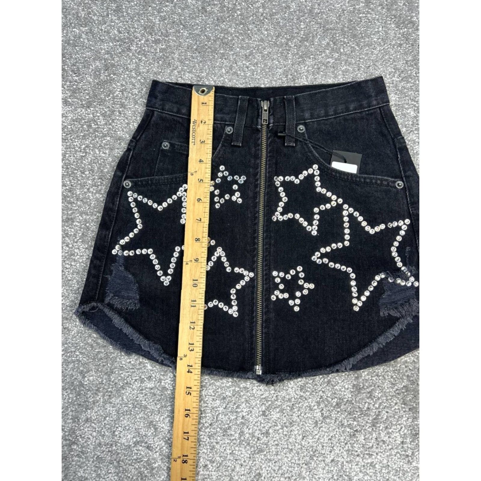Denime Carmar Skirt Womens Mini 23 Black Denim Distressed Rhinestons Stars Size 40" / US 18 - 3 Thumbnail