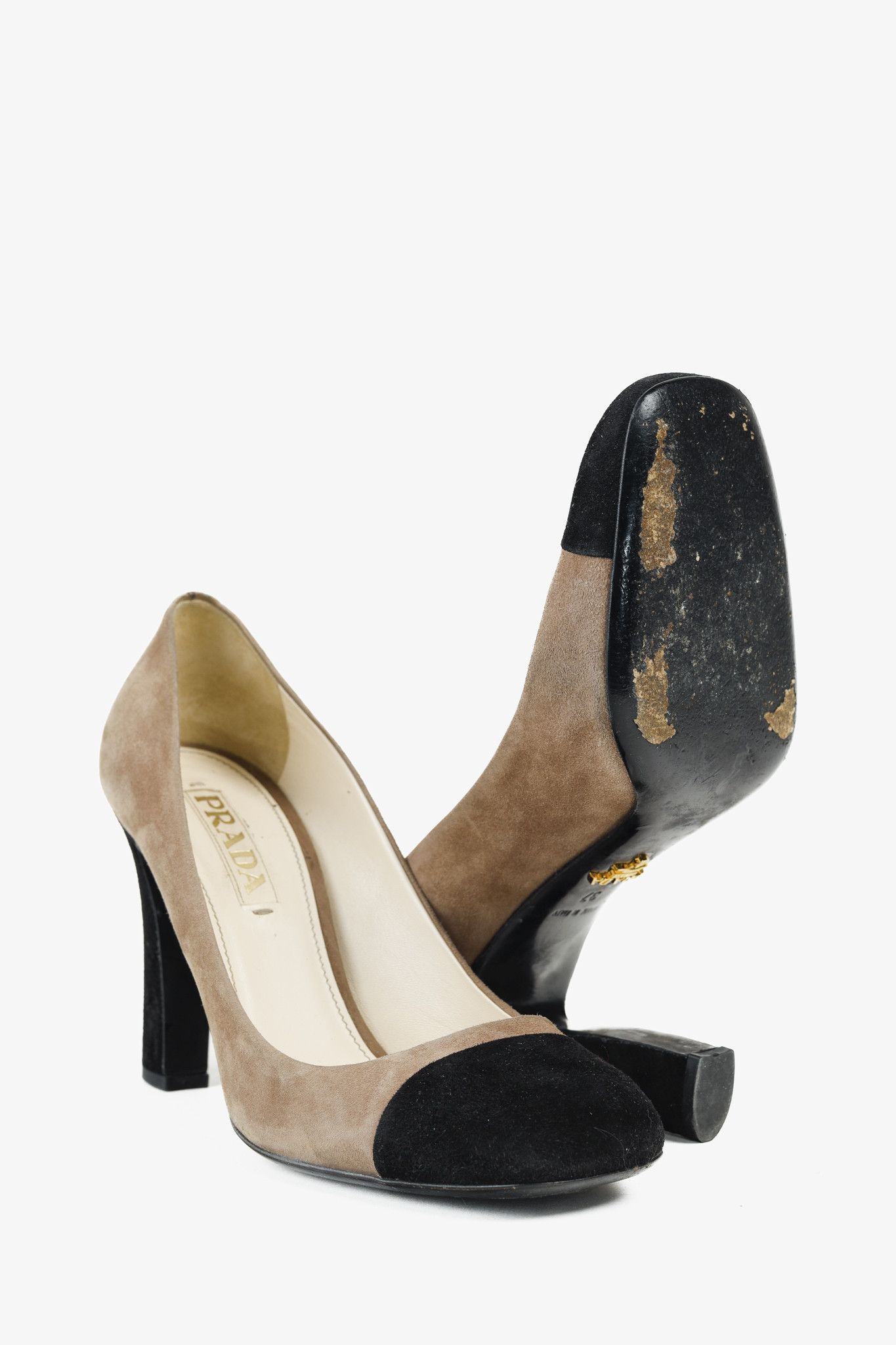 Prada Prada Taupe & Black Cap Toe Suede Pumps Size US 6.5 / IT 36.5 - 4 Thumbnail