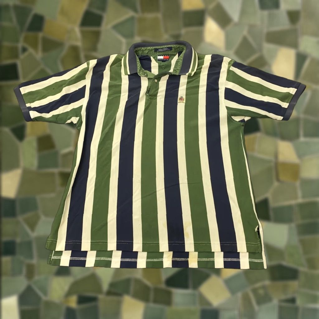 Tommy Hilfiger VINTAGE Tommy Hilfiger Polo Shirt Mens XL Green Navy Striped Crest 90s Casual Size US XL / EU 56 / 4 - 1 Thumbnail