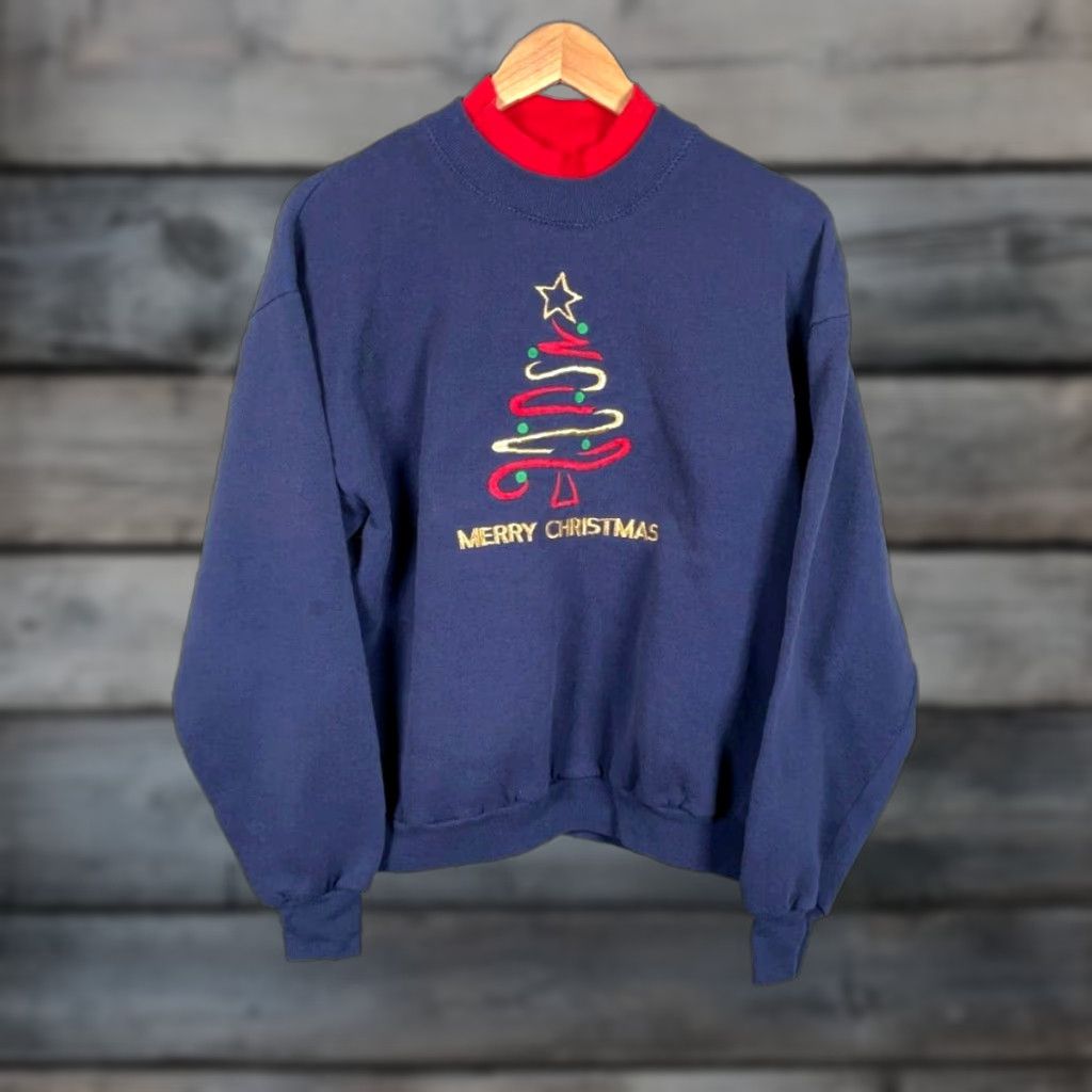 Lee VINTAGE Lee Sweatshirt Christmas Tree Embroidered Large Blue Pullover Mock Neck 90s Holiday Womens Size L / US 10 / IT 46 - 1 Thumbnail