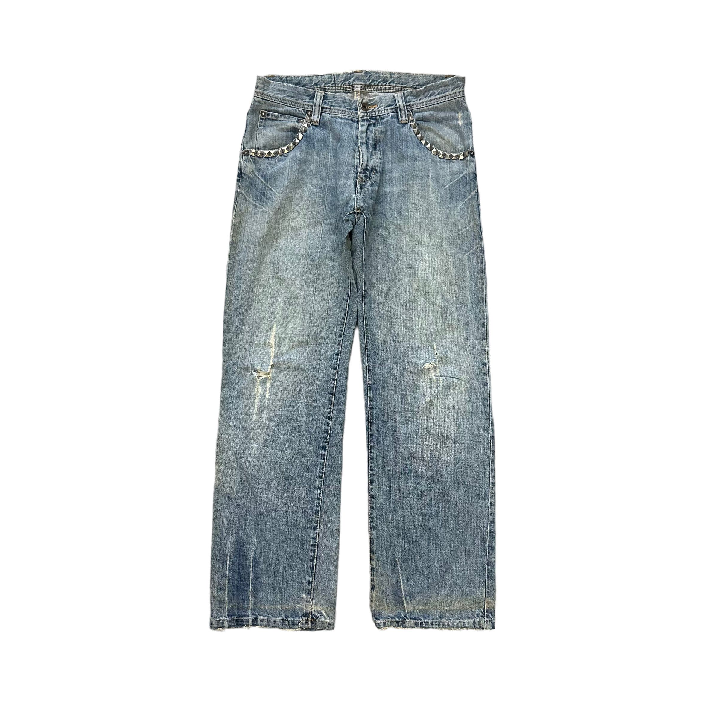 Issey Miyake TRASHED🔥 TETE HOMME LIGHT WASH STUDDED DENIM PANT #7798-176 Size US 31 - 1 Thumbnail