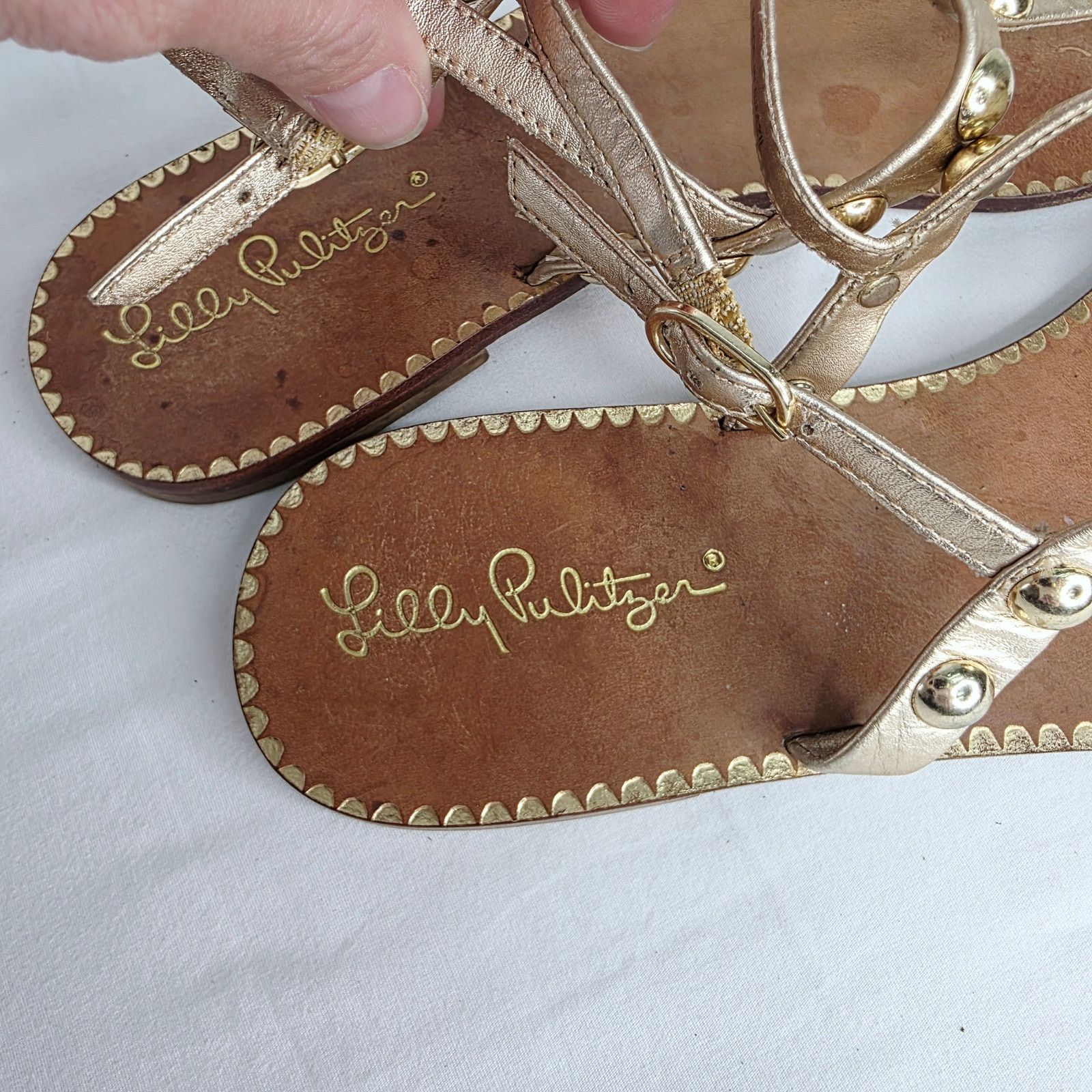 Lilly Pulitzer Lilly Pulitzer Gold Leather Studded Open Toe Strappy Sandal Size US 9 / IT 39 - 4 Thumbnail