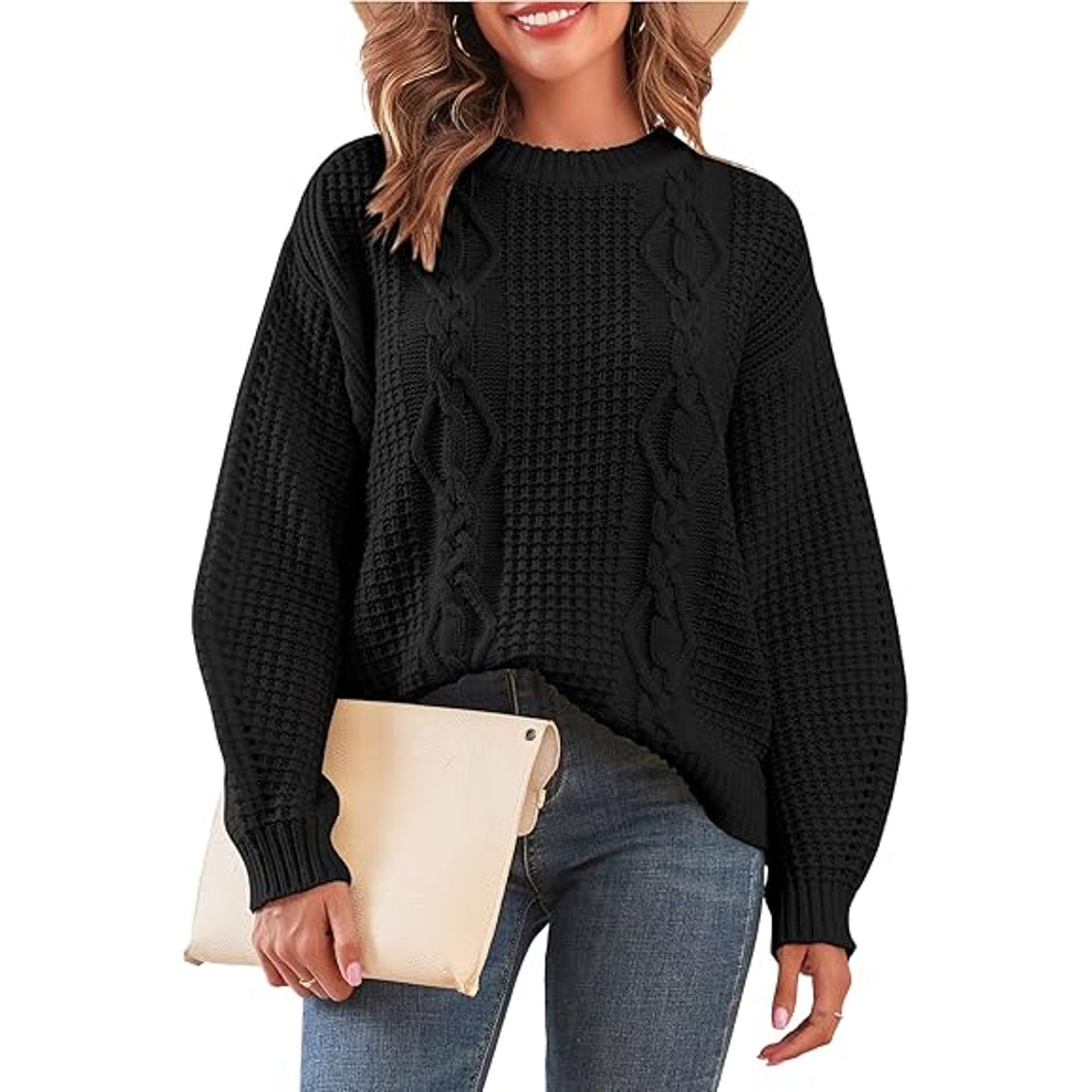 Womens Sweater Cable Knit Oversized Sweaters Crewneck Long