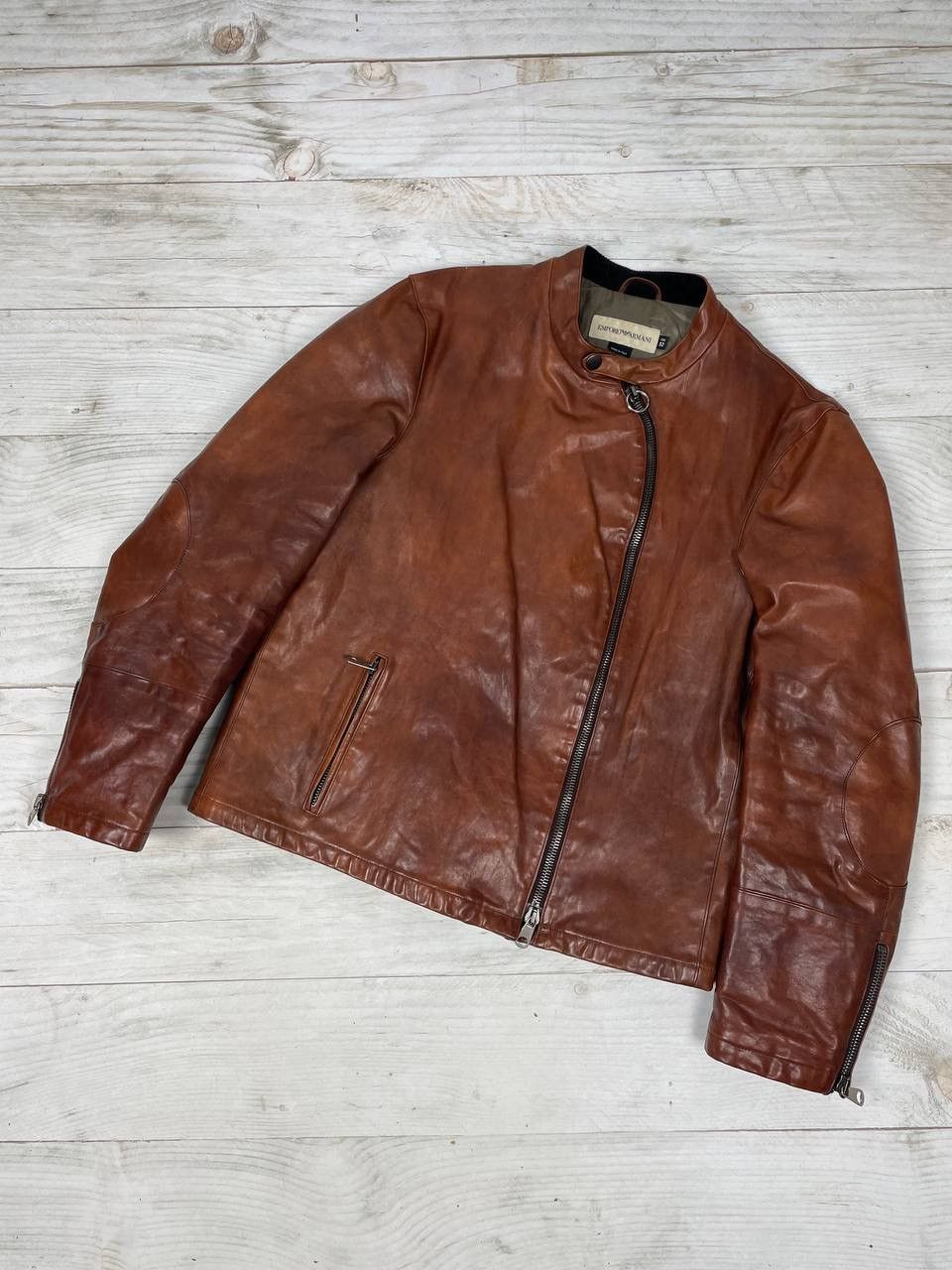 image of Emporio Armani Leather Biker Moto Jacket Asymmetrical Zip in Brown, Men's (Size Large)