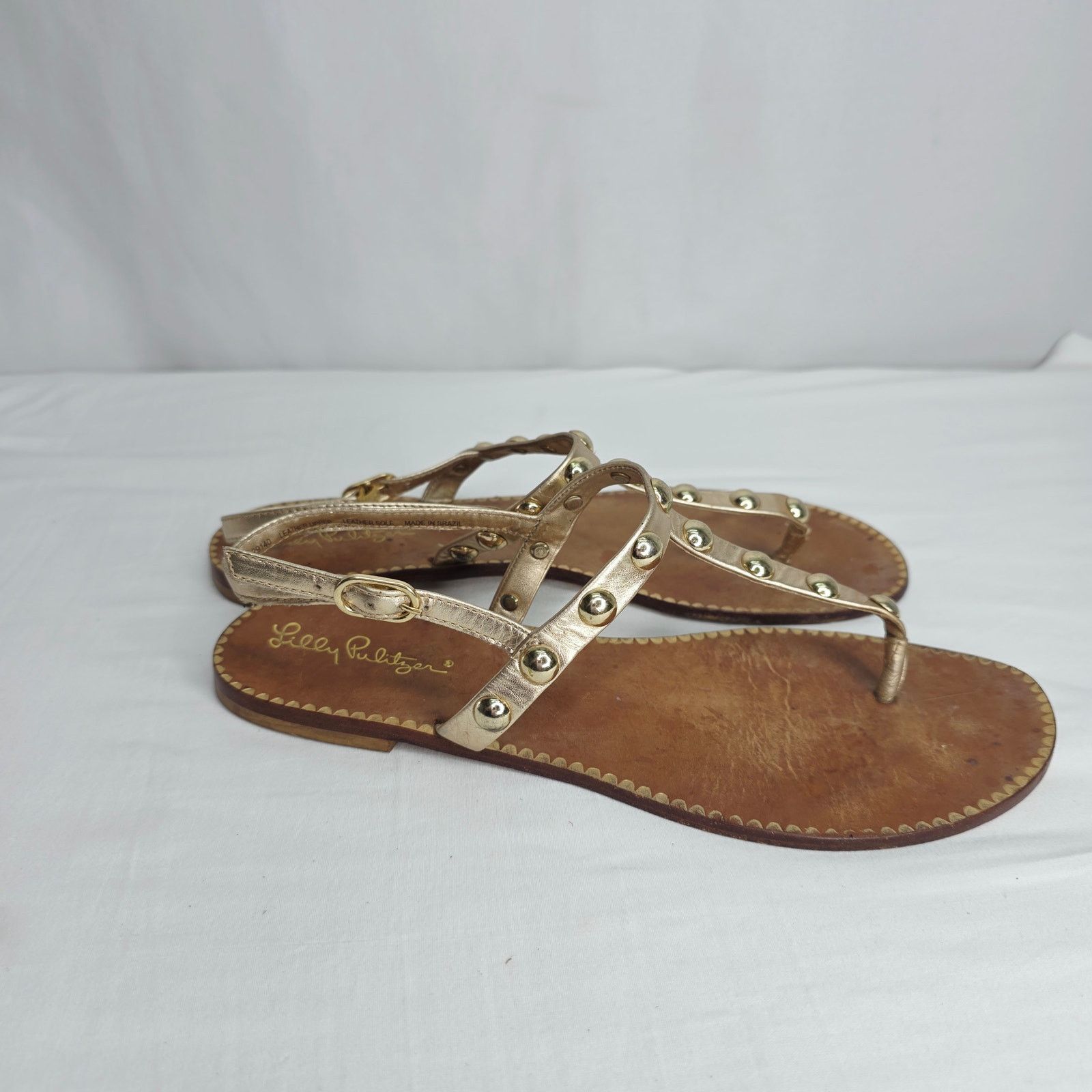 Lilly Pulitzer Lilly Pulitzer Gold Leather Studded Open Toe Strappy Sandal Size US 9 / IT 39 - 2 Thumbnail