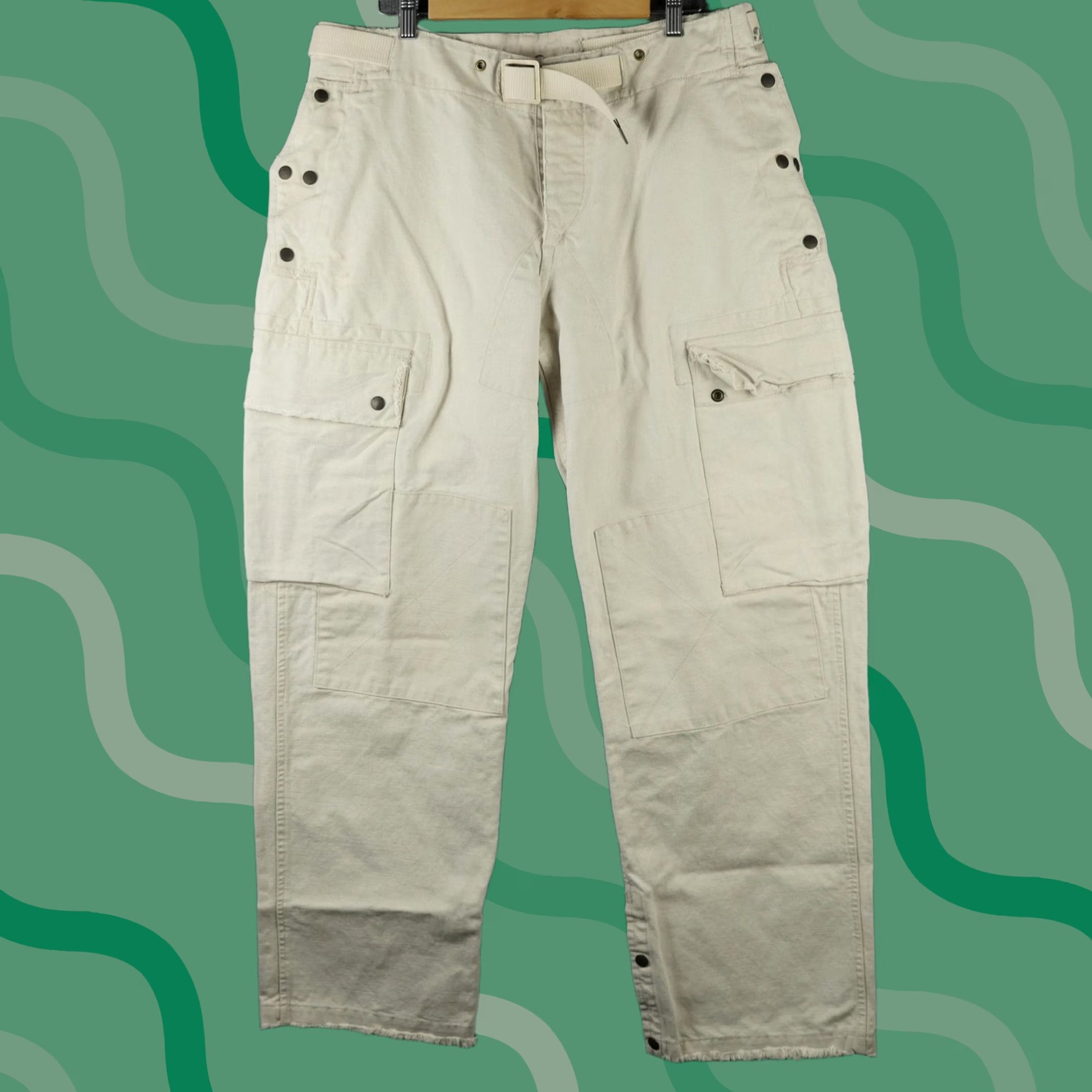 Ralph Lauren RRL Ralph Lauren Pants Mens 36x32 Beige Cargo Canvas Linen Utility Baggy Relaxed Straight Front Button Fly Pockets Cargo Pocket WW2 Inspired Size US 36 / EU 52 - 1 Thumbnail