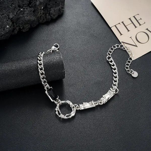 Jewelry Silver Chain Link Bracelet with Black Accent, Adjustable Size ONE SIZE - 5 Thumbnail