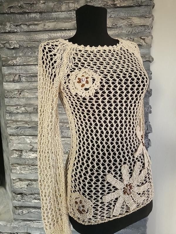 Japanese Brand Fishnet Jumper with Chunky Flowers Crochet sz S Size S / US 4 / IT 40 - 7 Thumbnail