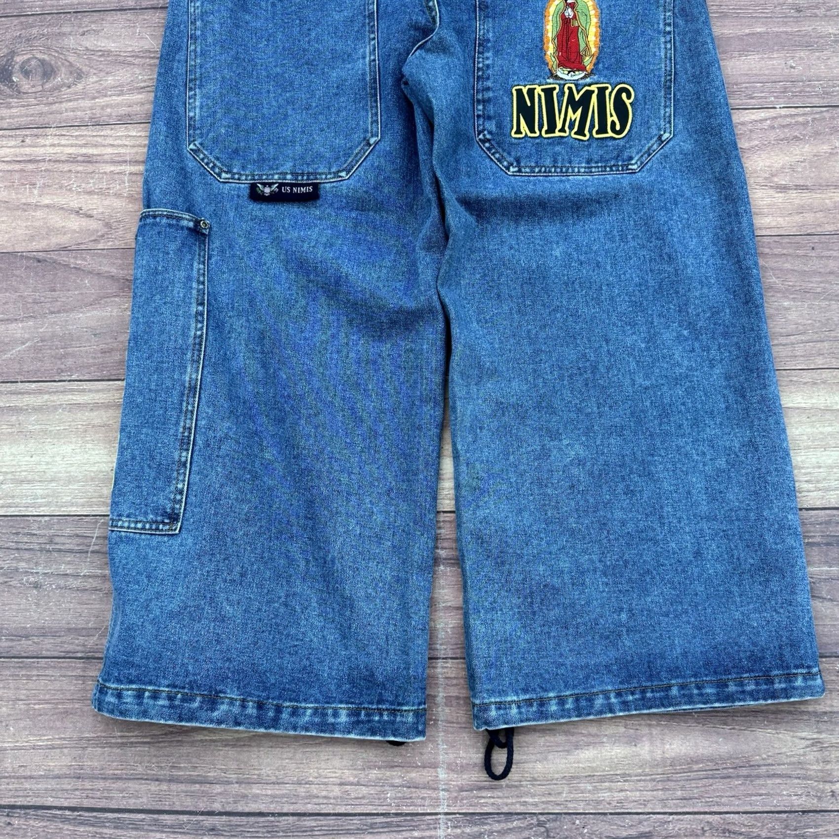 JNCO VINTAGE Nimis Virgin Mary Blue Jeans Jnco Style Wide Leg Mens Size 40x28 Denim Jeans White Logo 90s Grunge Hip Hop Y2K Boys Mens Size US 40 / EU 56 - 5 Thumbnail