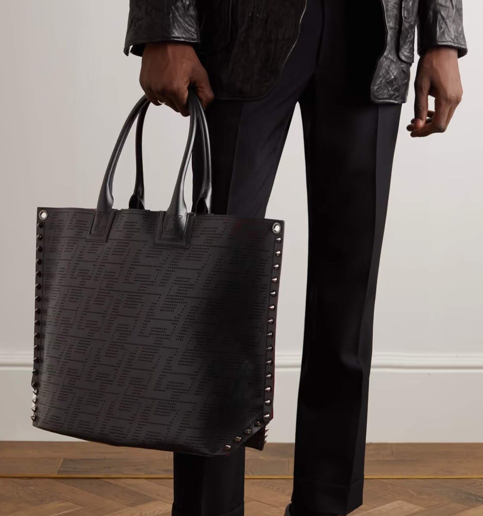 Christian Louboutin Cabalou Perforated Laser Cut Leather Tote Bag in Black, Men's