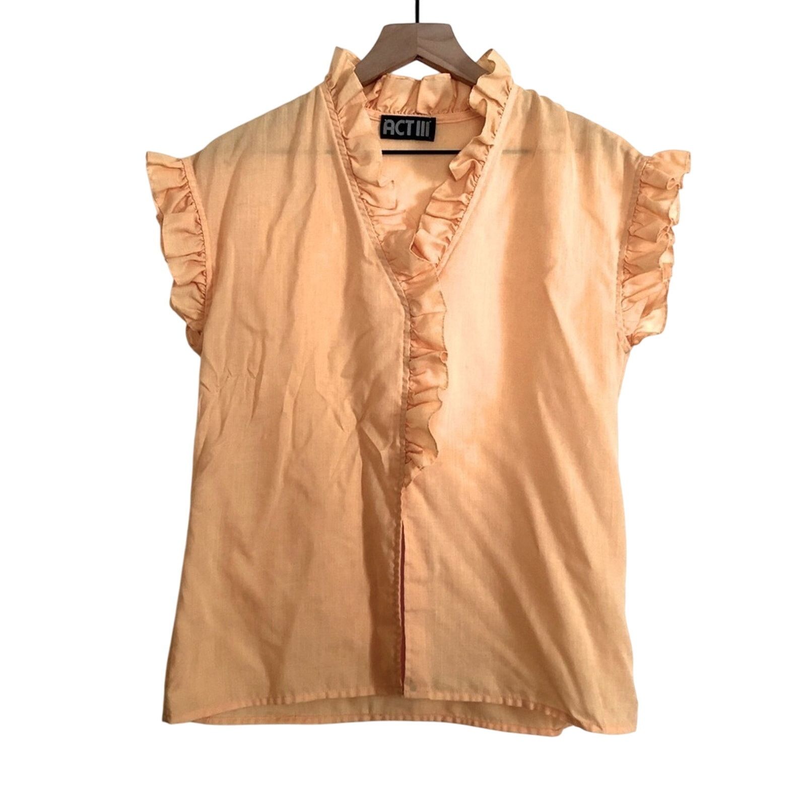 Vintage Act III Yellow Orange Button Short Sleeve Ruffle Blouse Top Size L / US 10 / IT 46 - 1 Thumbnail