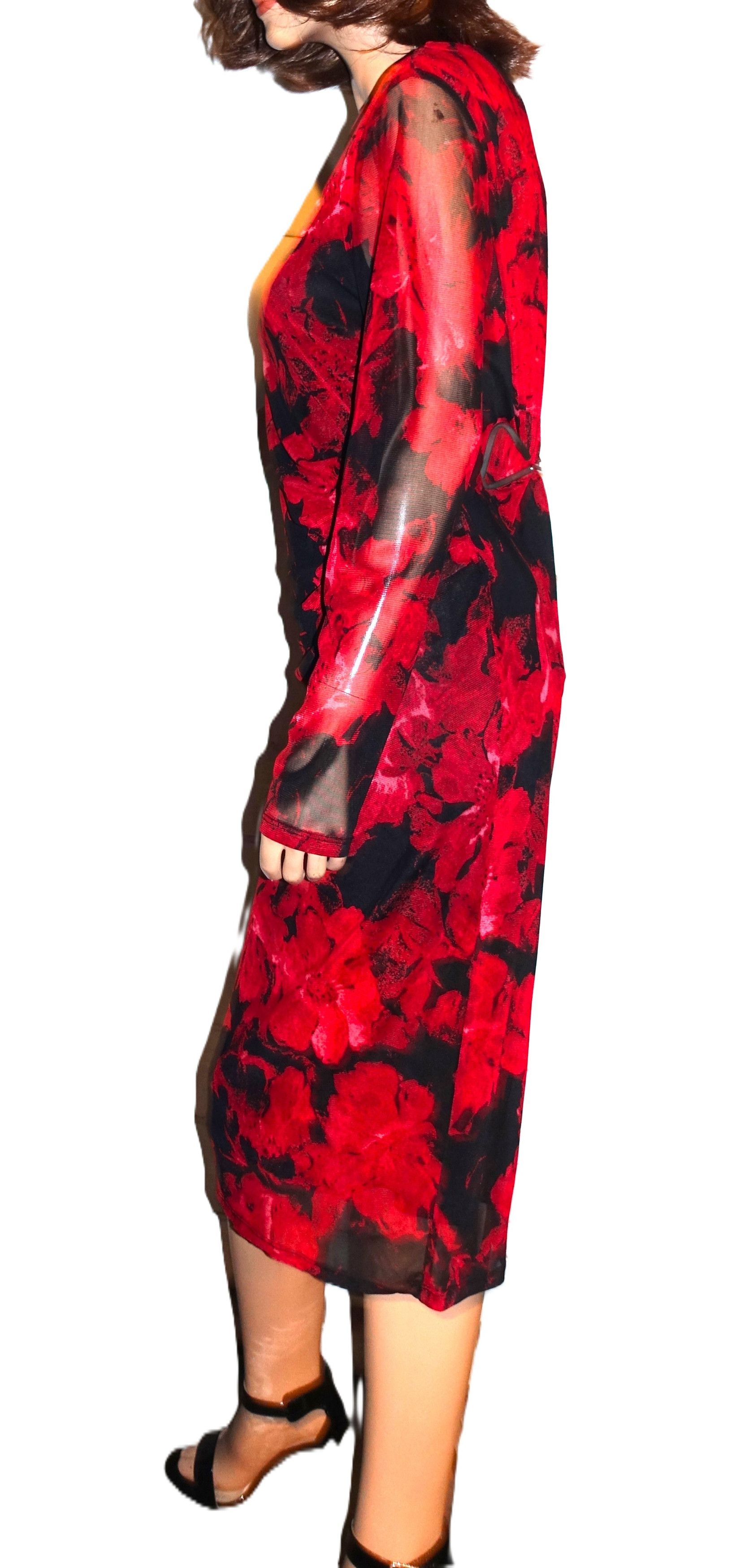 Nine West Nine West Red Black Floral Pencil Dress L Size L / US 10 / IT 46 - 4 Thumbnail