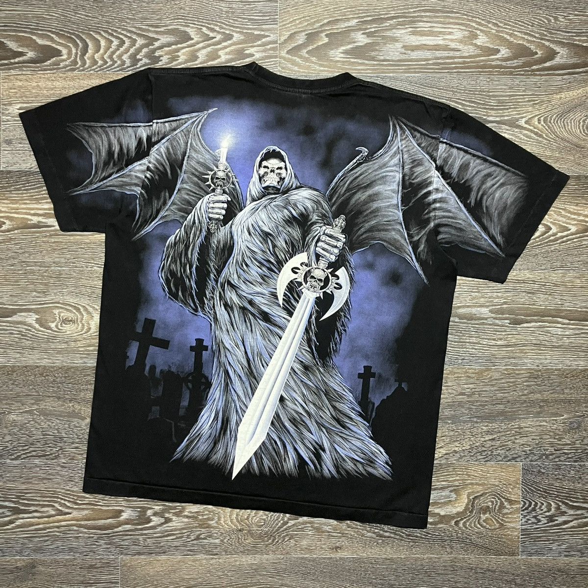 Vintage 90s ROCK EAGLE Death With Sword All Over Print Heavy T-shirt Size US XL / EU 56 / 4 - 8 Thumbnail