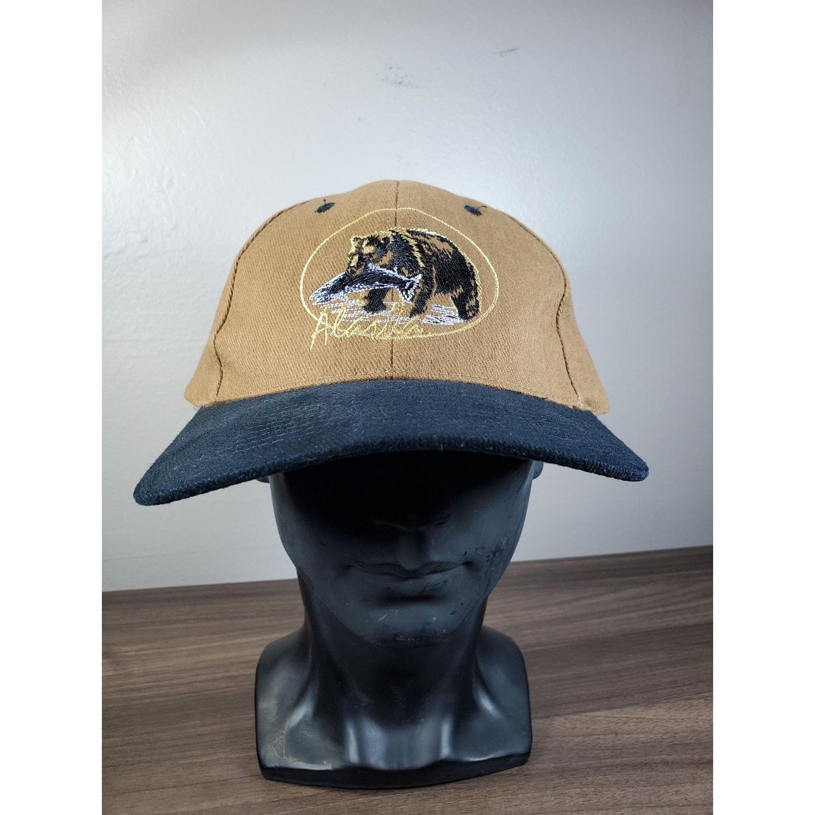 Vintage ALASKA Hat Headliners Strap Cap Brown Grizzly Bear w/ Fish Size ONE SIZE - 3 Thumbnail