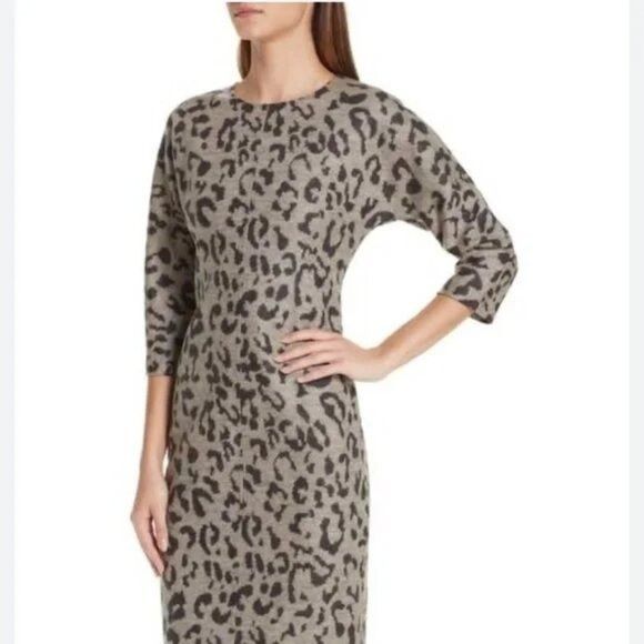 Max Mara MaxMara Dramma Leopard Jacquard Wool Dress Midi Pencil Turtl Size S / US 4 / IT 40 - 3 Thumbnail