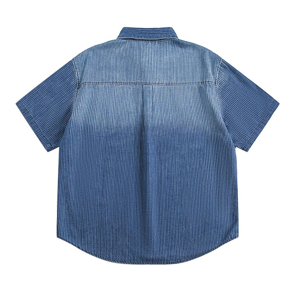 Japanese Brand × Vintage Men's street loose washed striped denim short-sleeved shirt Size US M / EU 48-50 / 2 - 2 Thumbnail