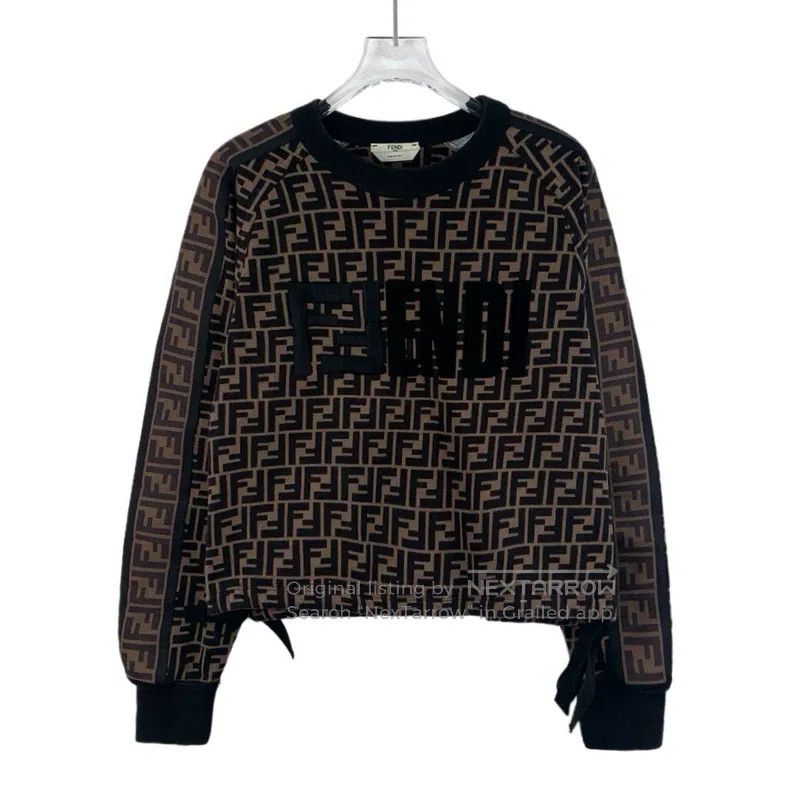Fendi Black and Brown Logo Letter Embroidered Cotton Crewn