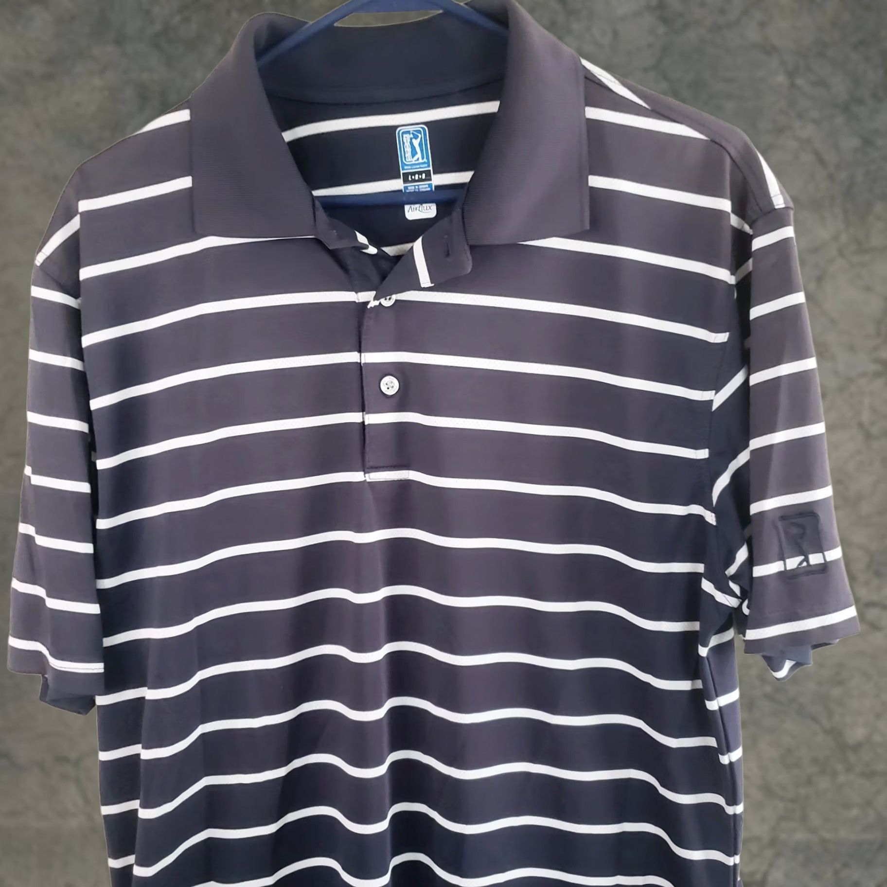 PGA Tour PGA TOUR Polo Men L Dark Gray Black Striped Airflux Stretch Short Sleeve Collared Pullover Performance Golf Rugby Sports Shirt Mens Size US L / EU 52-54 / 3 - 1 Thumbnail