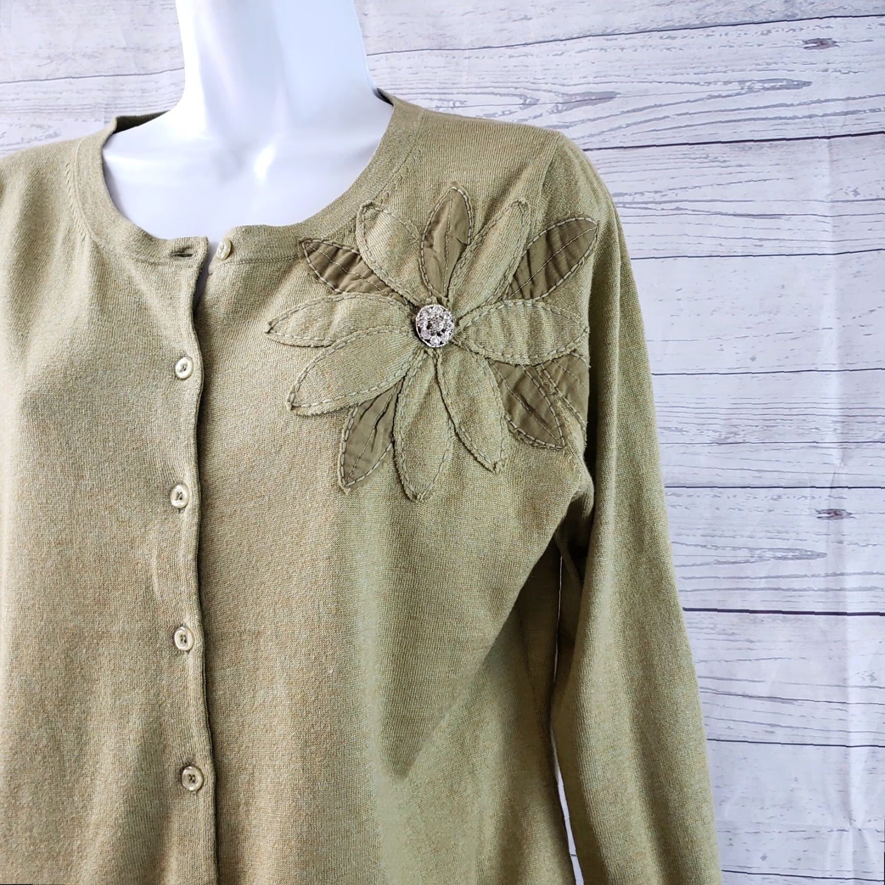 Vintage Garnet Hill Womens Cardigan M Green Silk Wool Blend 3/4 Sleeve Button Down Floral Knit Sweater Womens Size M / US 6-8 / IT 42-44 - 2 Thumbnail