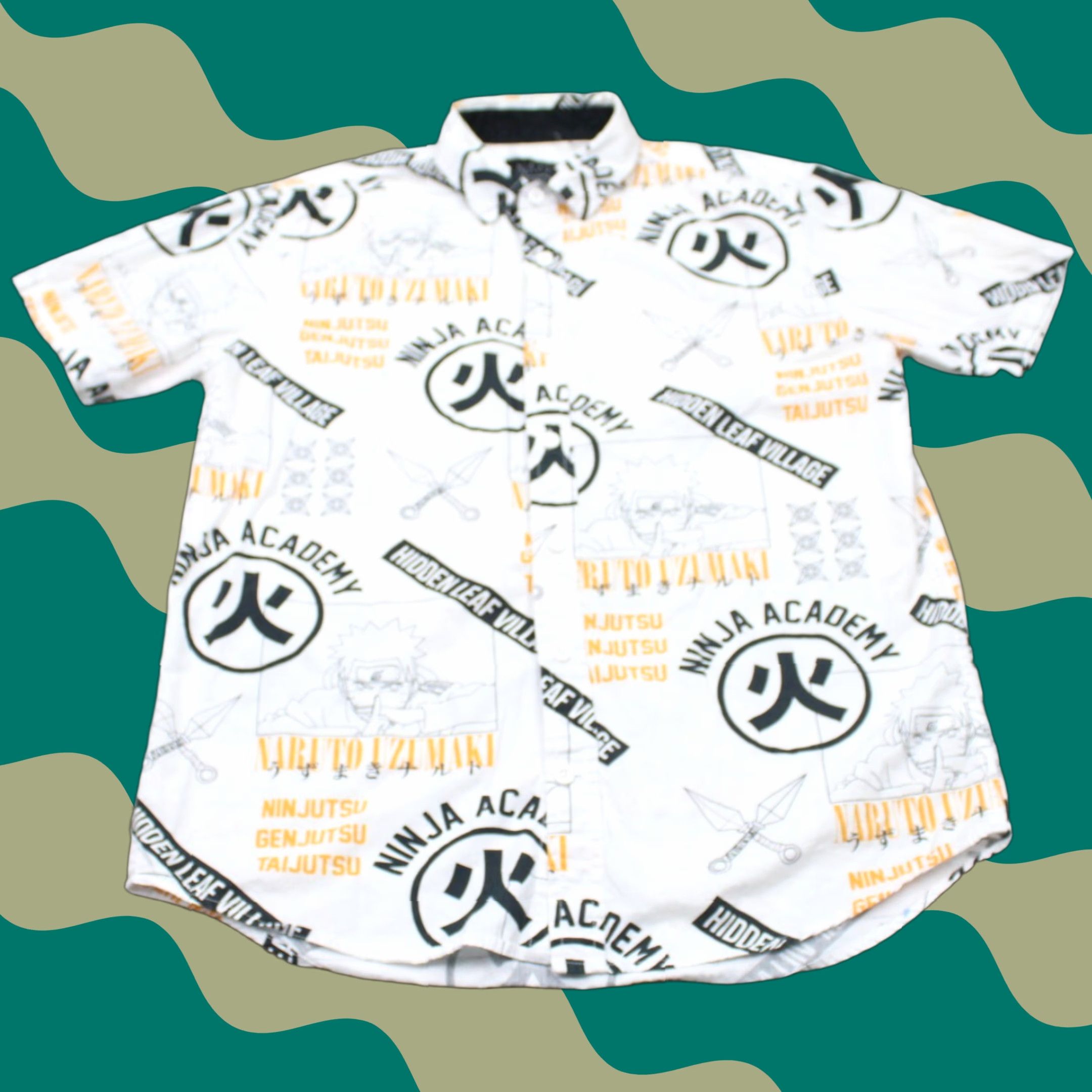 Vintage NARUTO Shippuden AOP Shirt Mens Medium White All Over Print S/S Logo Button-Up Geometric Casual Anime Mens Medium White Size US M / EU 48-50 / 2 - 1 Thumbnail