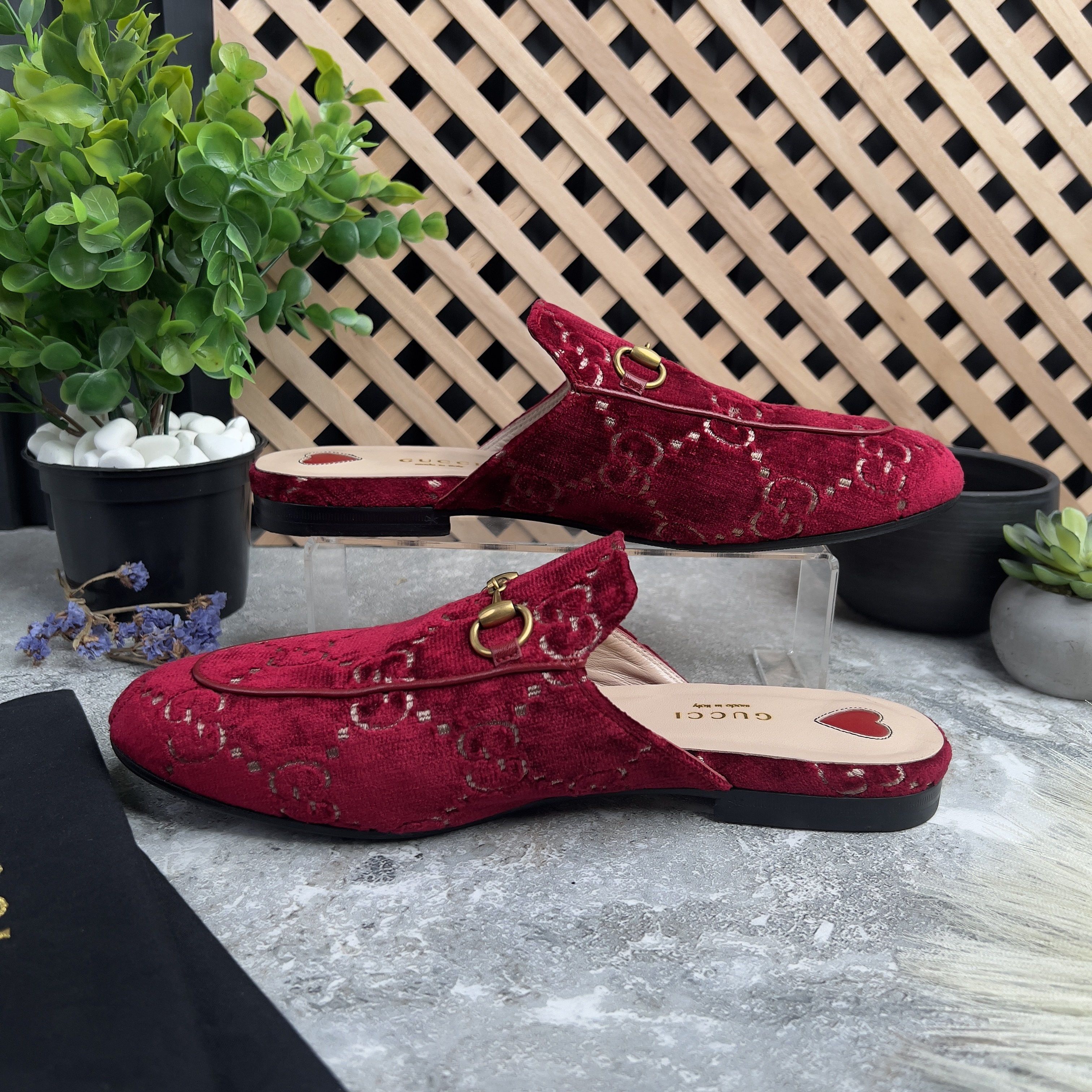Gucci Princetown Horsebit GG Monogram Mule Red Velour Size US 8 / IT 38 - 6 Thumbnail
