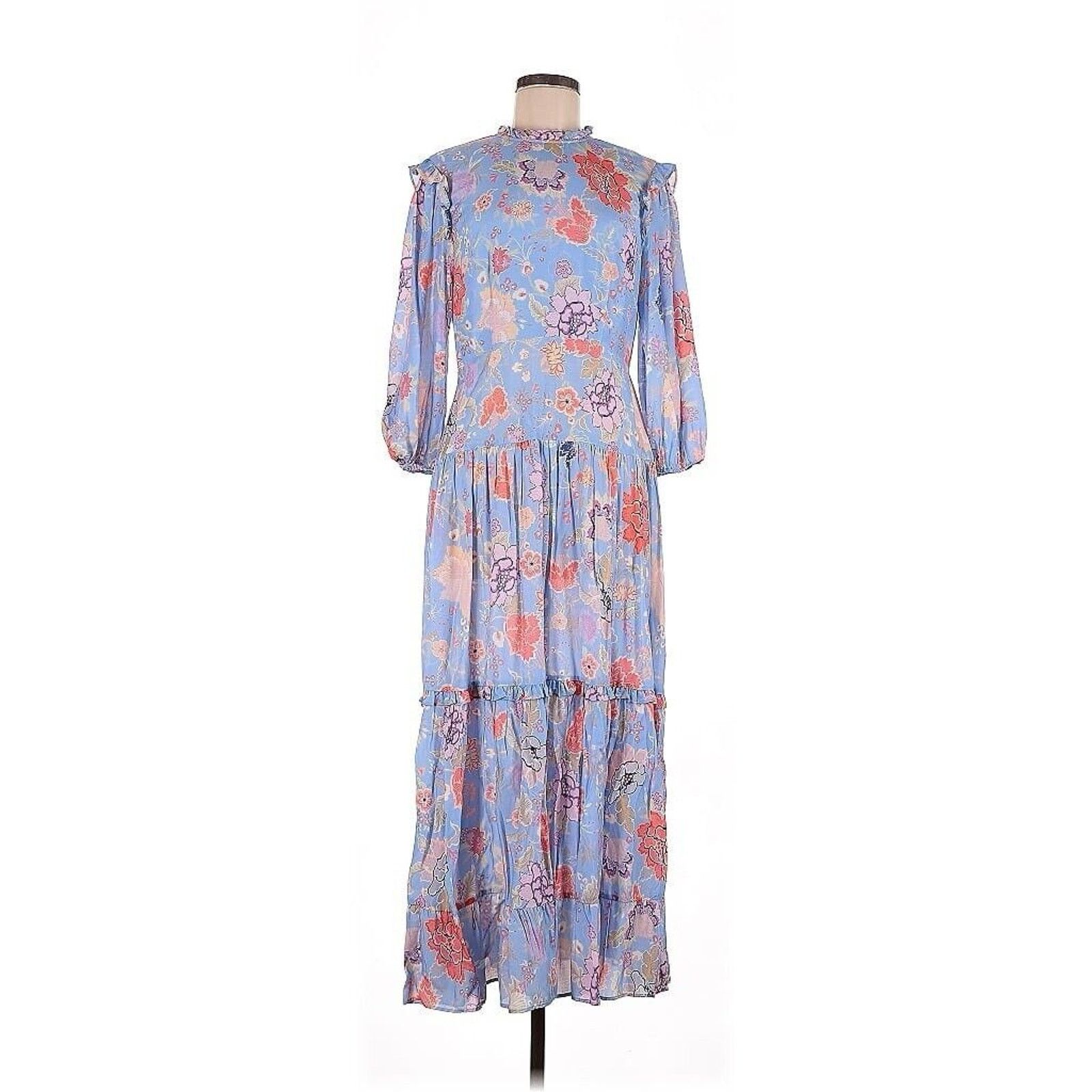 Rixo maxi Floral Baby Blue Peony Monet Mockneck Silk dress