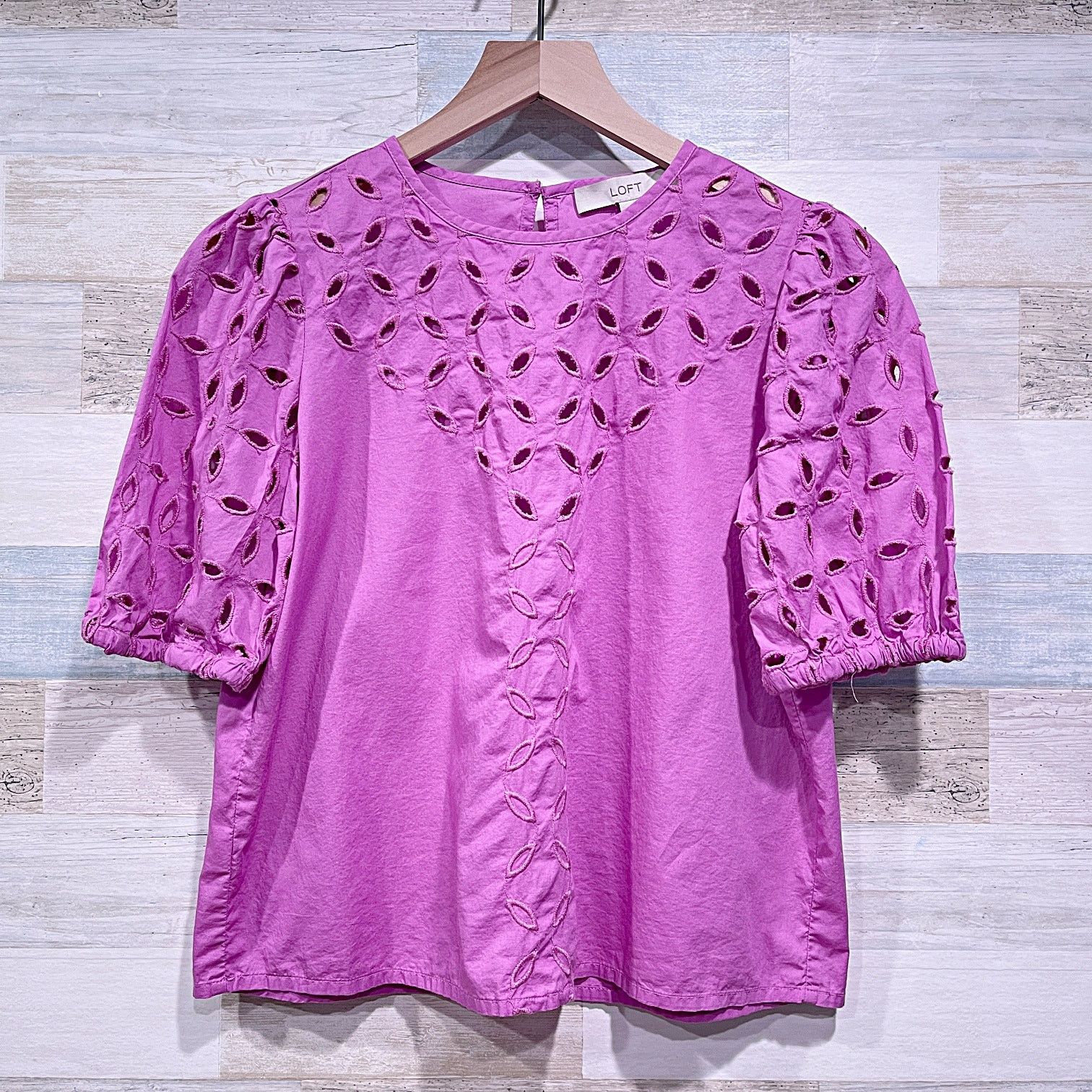 Loft LOFT Eyelet Puff Sleeve Top Purple Coton Womenst XXSP Size XXS / US 00 / IT 34 - 2 Thumbnail