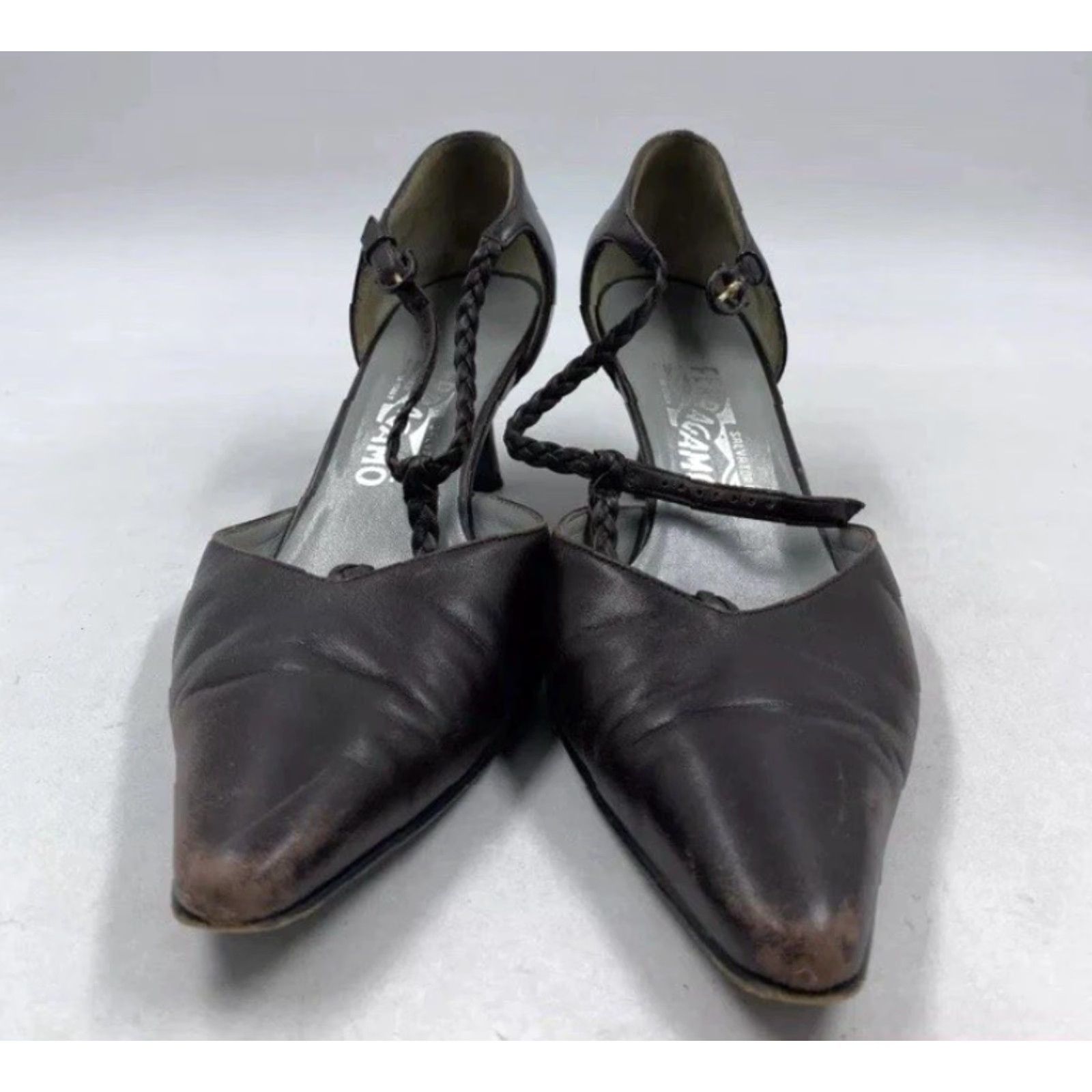 Salvatore Ferragamo Salvatore Ferragamo Brown Leather Braided Accents T-Strap Pump Size 8 Women Shoes Brown Pump Straps Leather 8 Womens Size US 8 / IT 38 - 2 Thumbnail